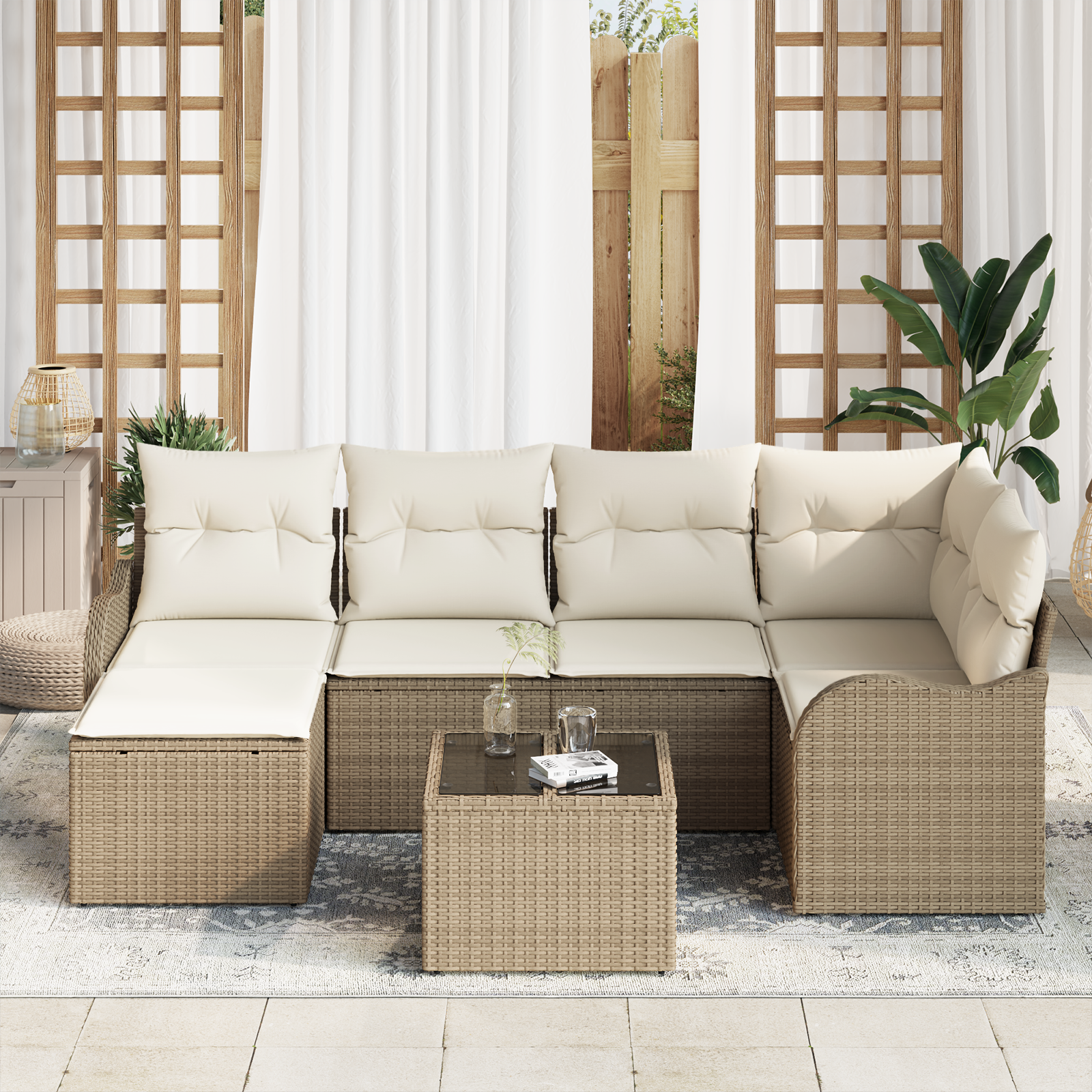 vidaXL 7-delige tuinset met kussens in bruin poly rattan