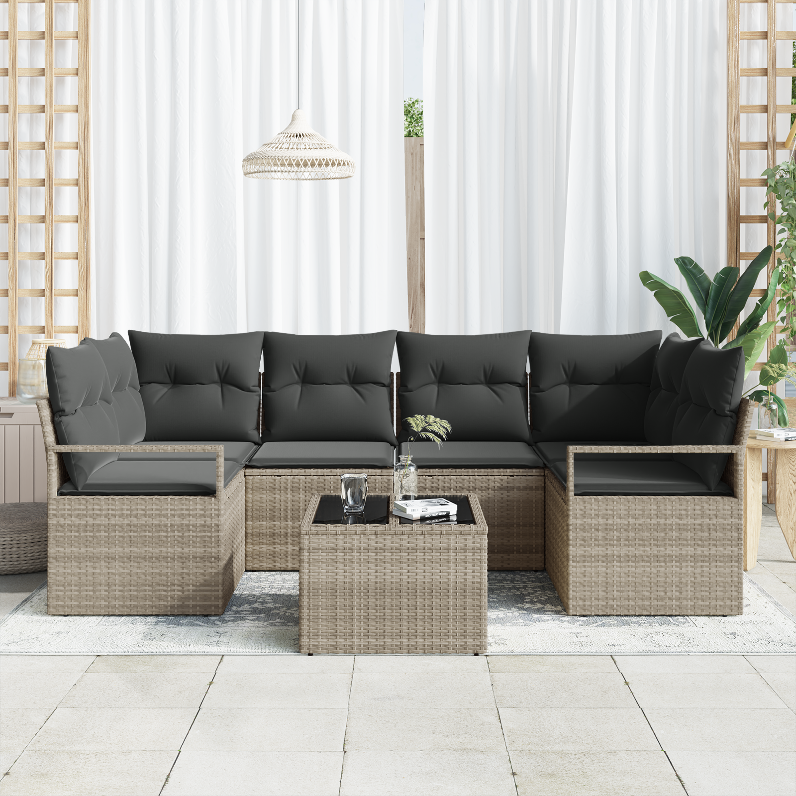 vidaXL 7-delige tuinset met kussens in lichtgrijs poly rattan