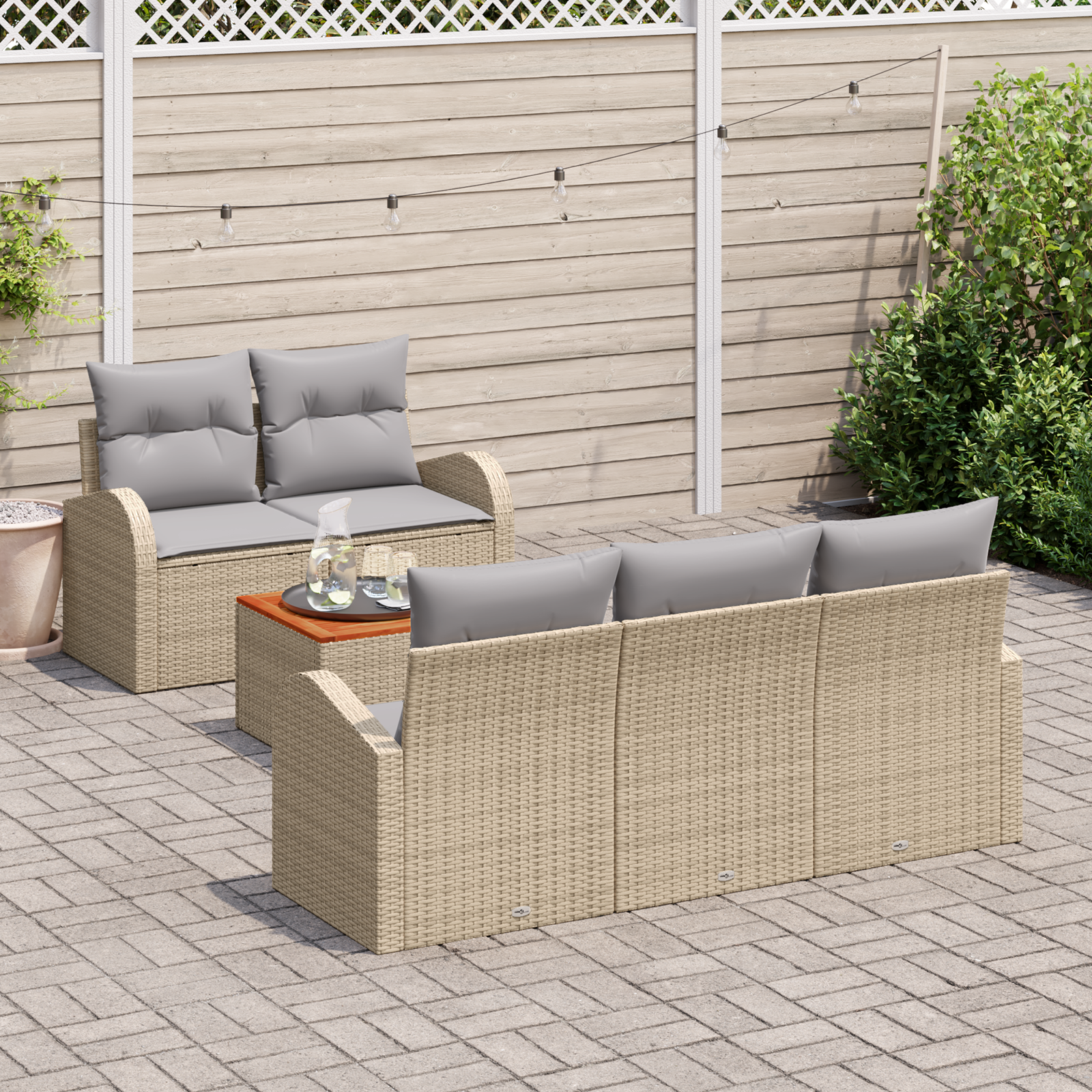 vidaXL 6-delige tuinset met kussens in beige poly rattan en acacia hout