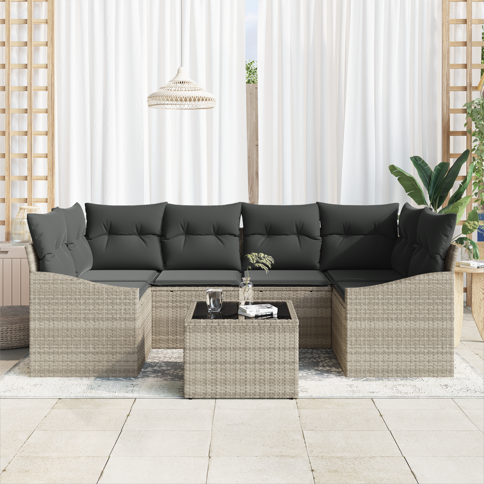 vidaXL 7-delige Tuinbankenset met kussens poly rattan lichtgrijs