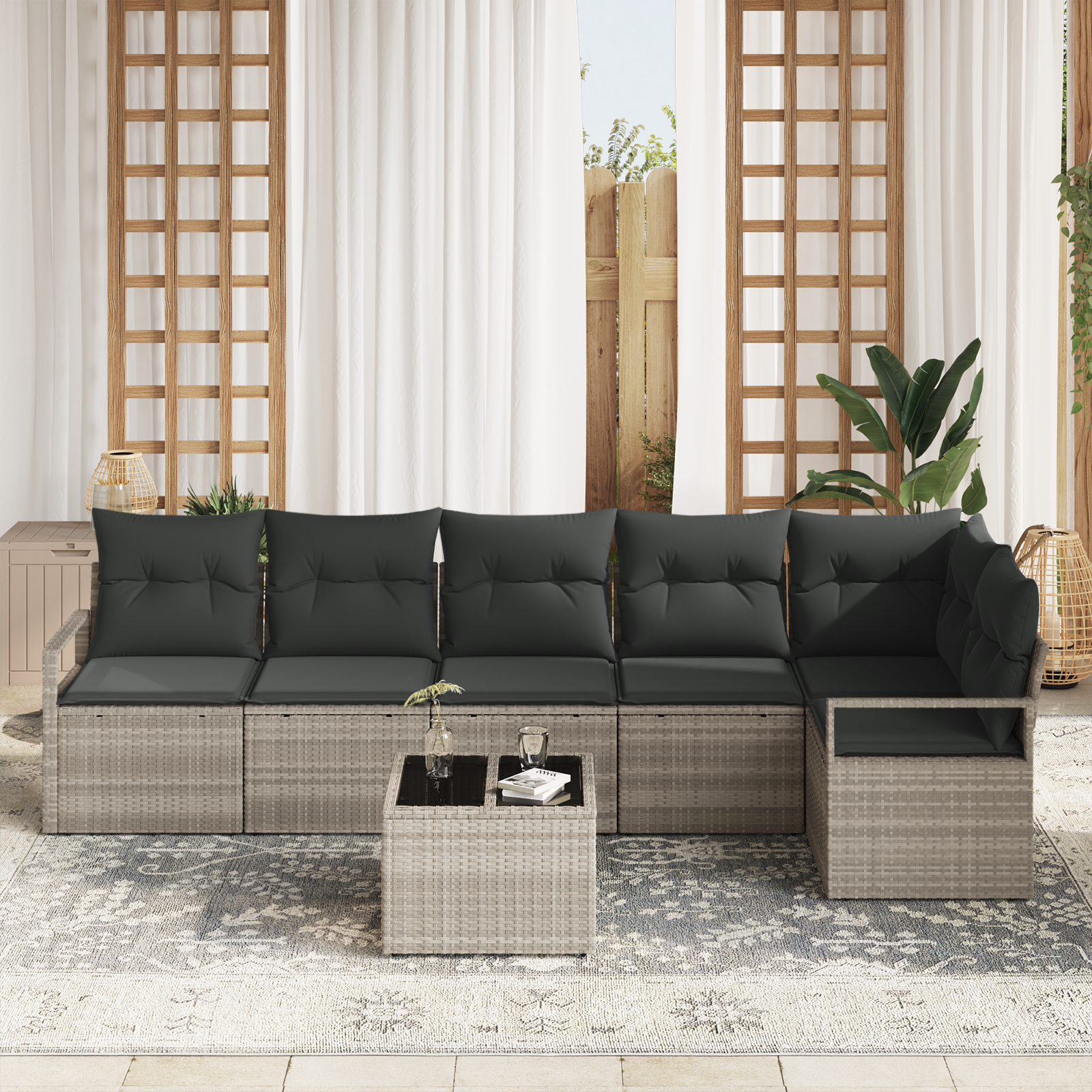 vidaXL 7-delige Tuinbankenset met kussens poly rattan grijs