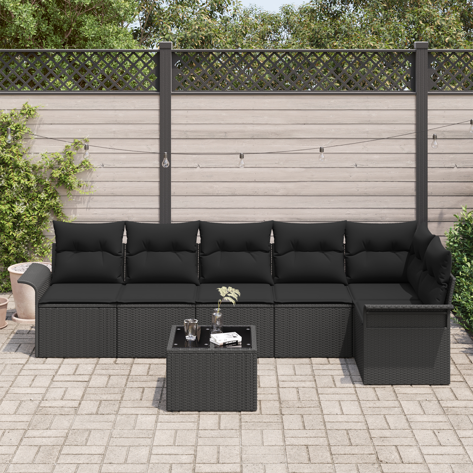 vidaXL 7-delige Tuinbankenset met kussens poly rattan beige