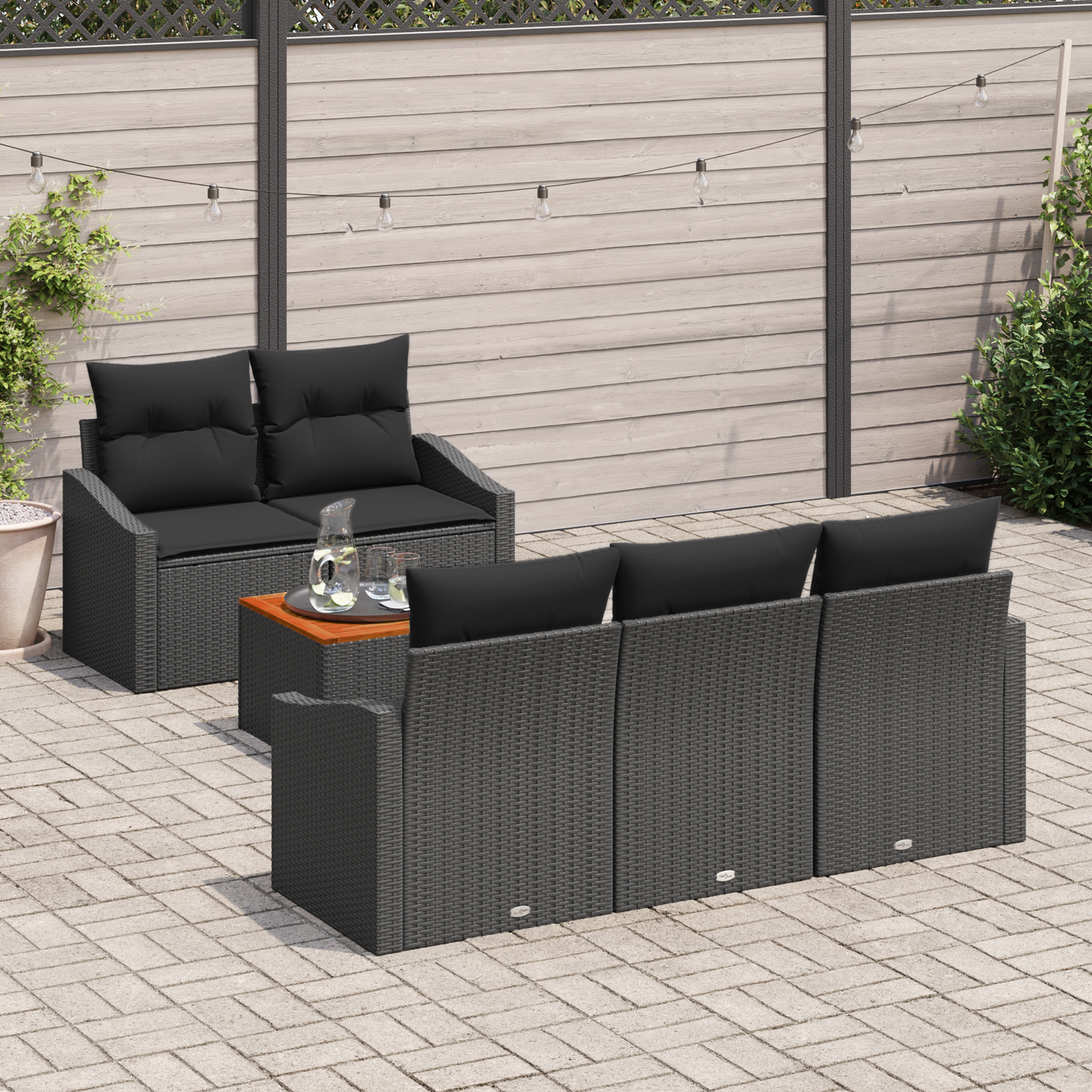 vidaXL 6-delige tuinbank set met kussens zwart poly rattan acaciahout
