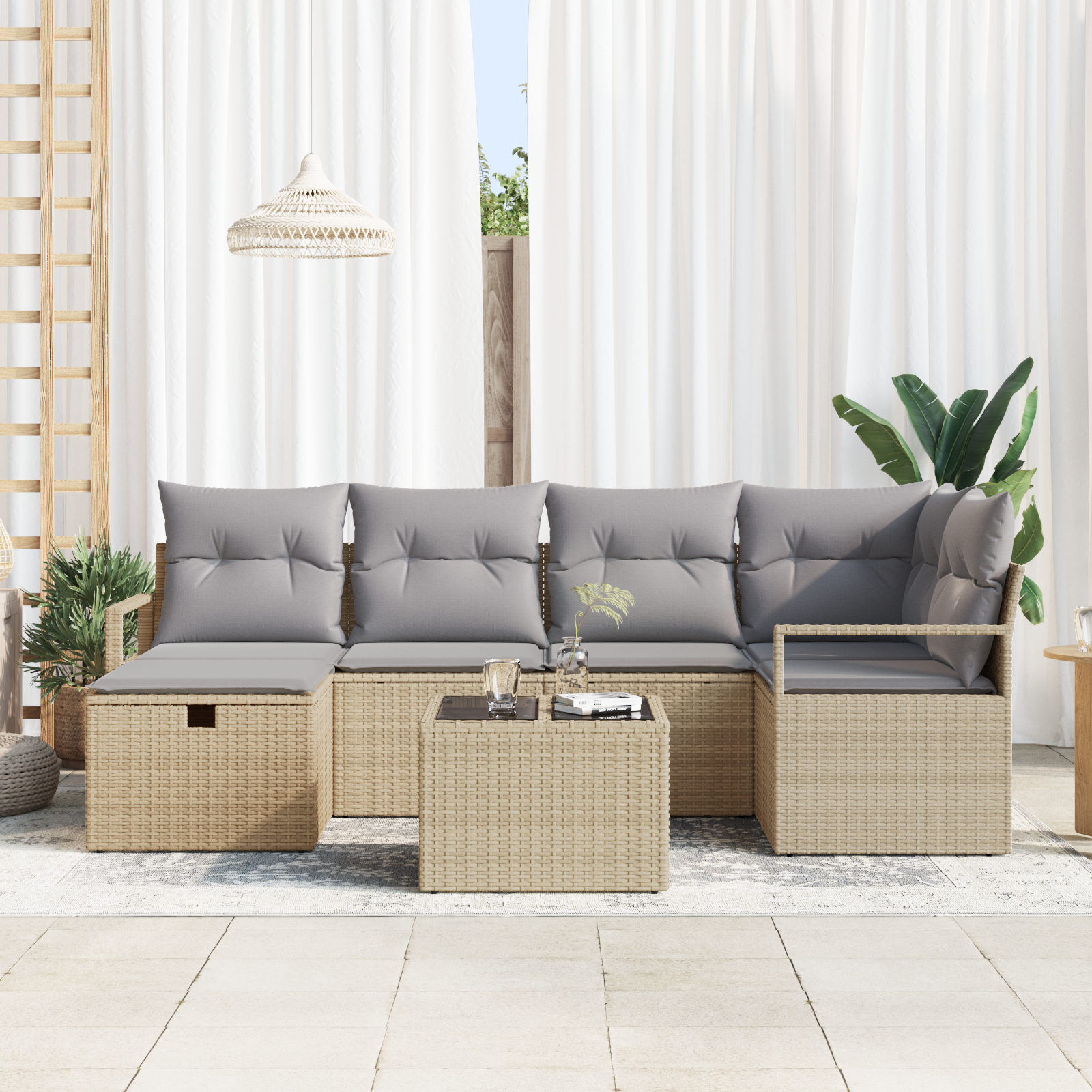 vidaXL 7-delige Tuinbankenset met kussens poly rattan beige
