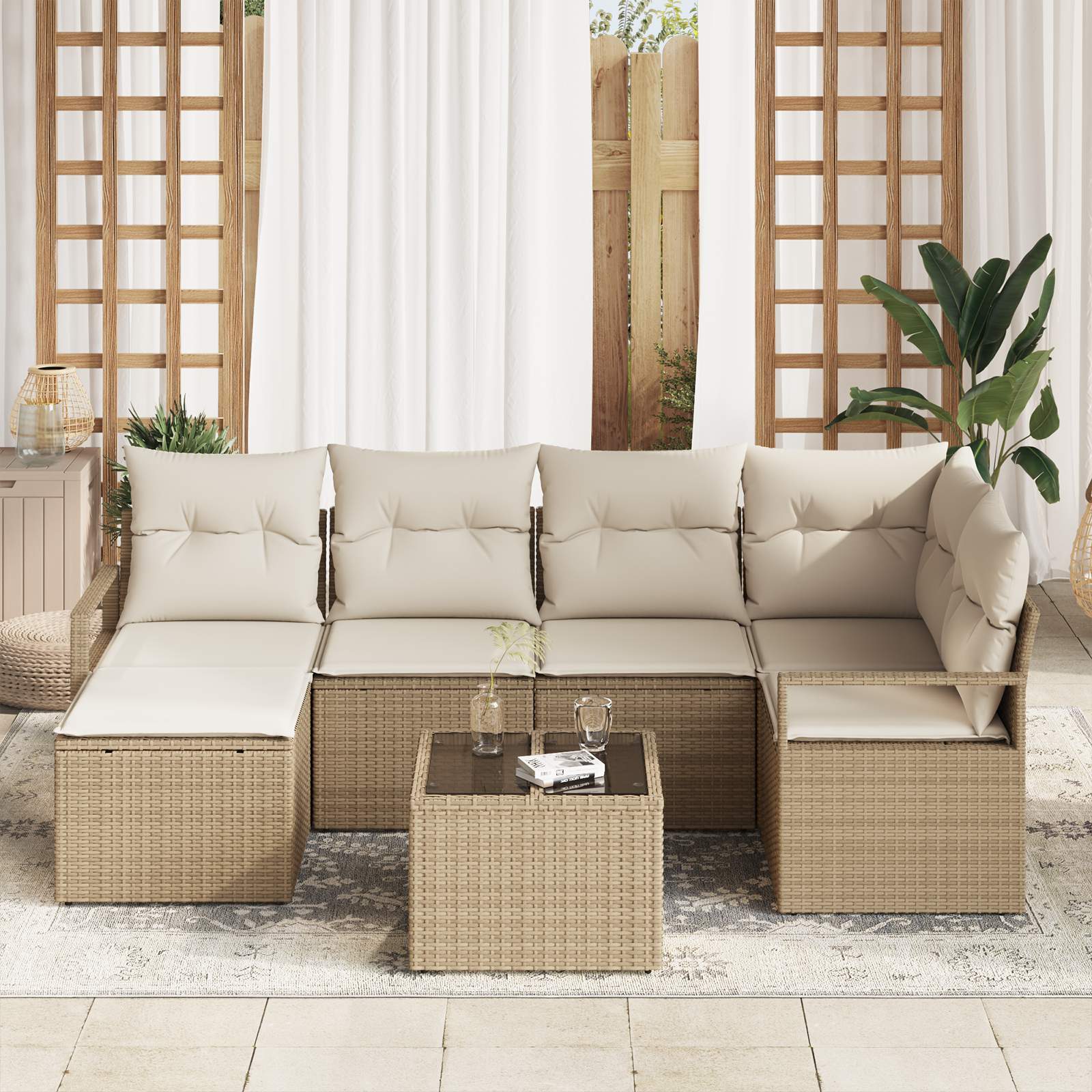 vidaXL 7-delige Tuinbankenset met kussens poly rattan bruin