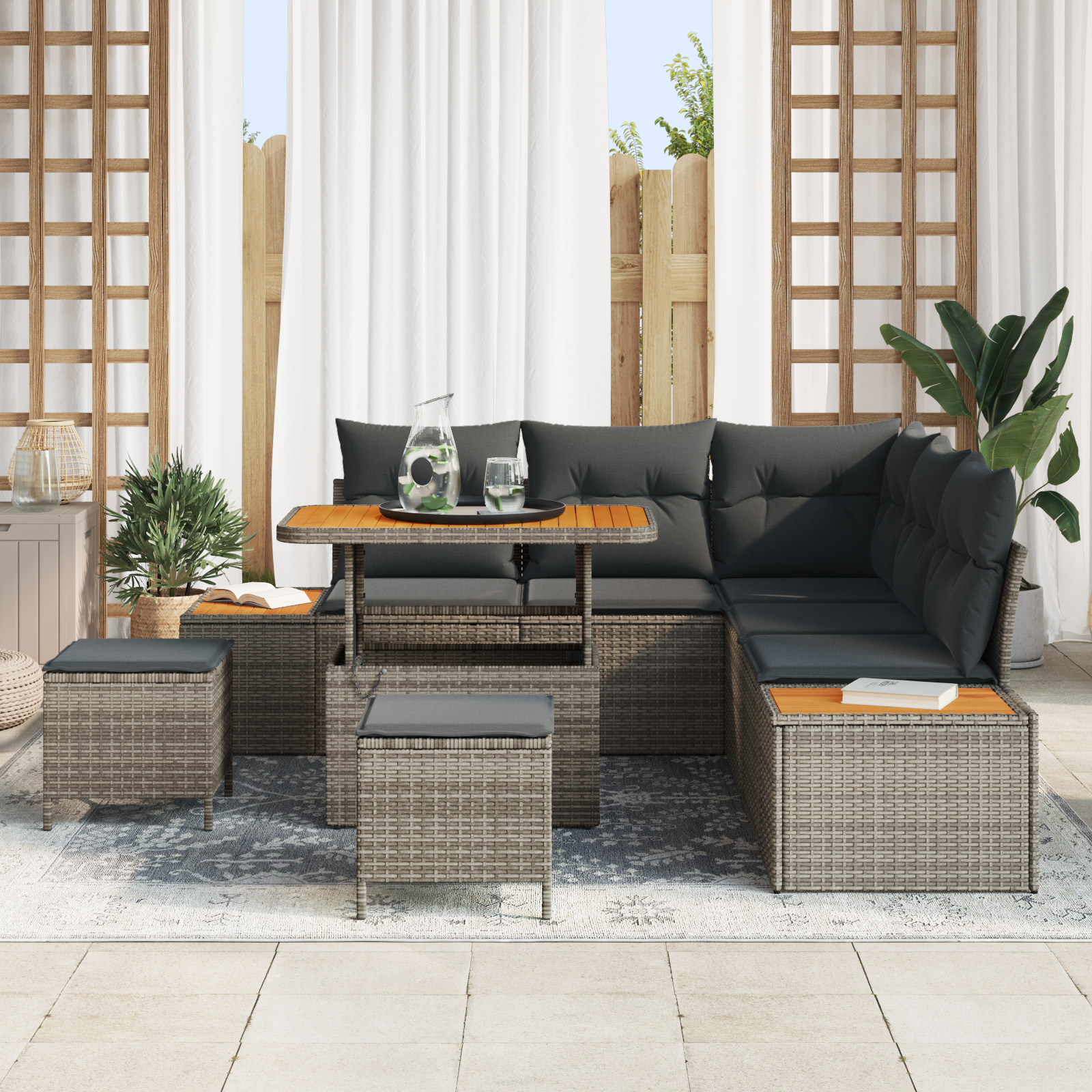 vidaXL 8-delige tuinset met kussens grijs poly rattan acacia