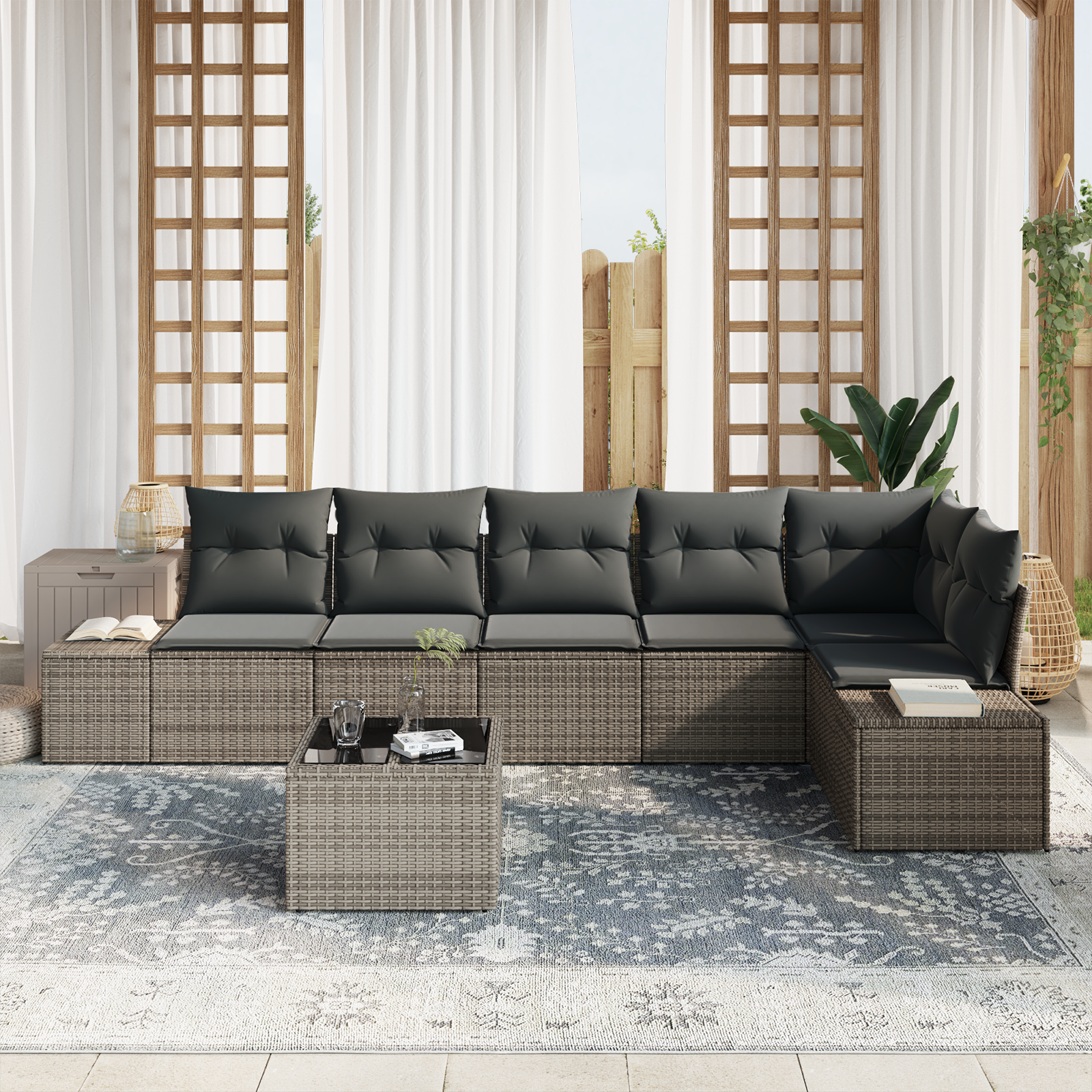 vidaXL 6-delige Tuinbankenset met kussens poly rattan zwart