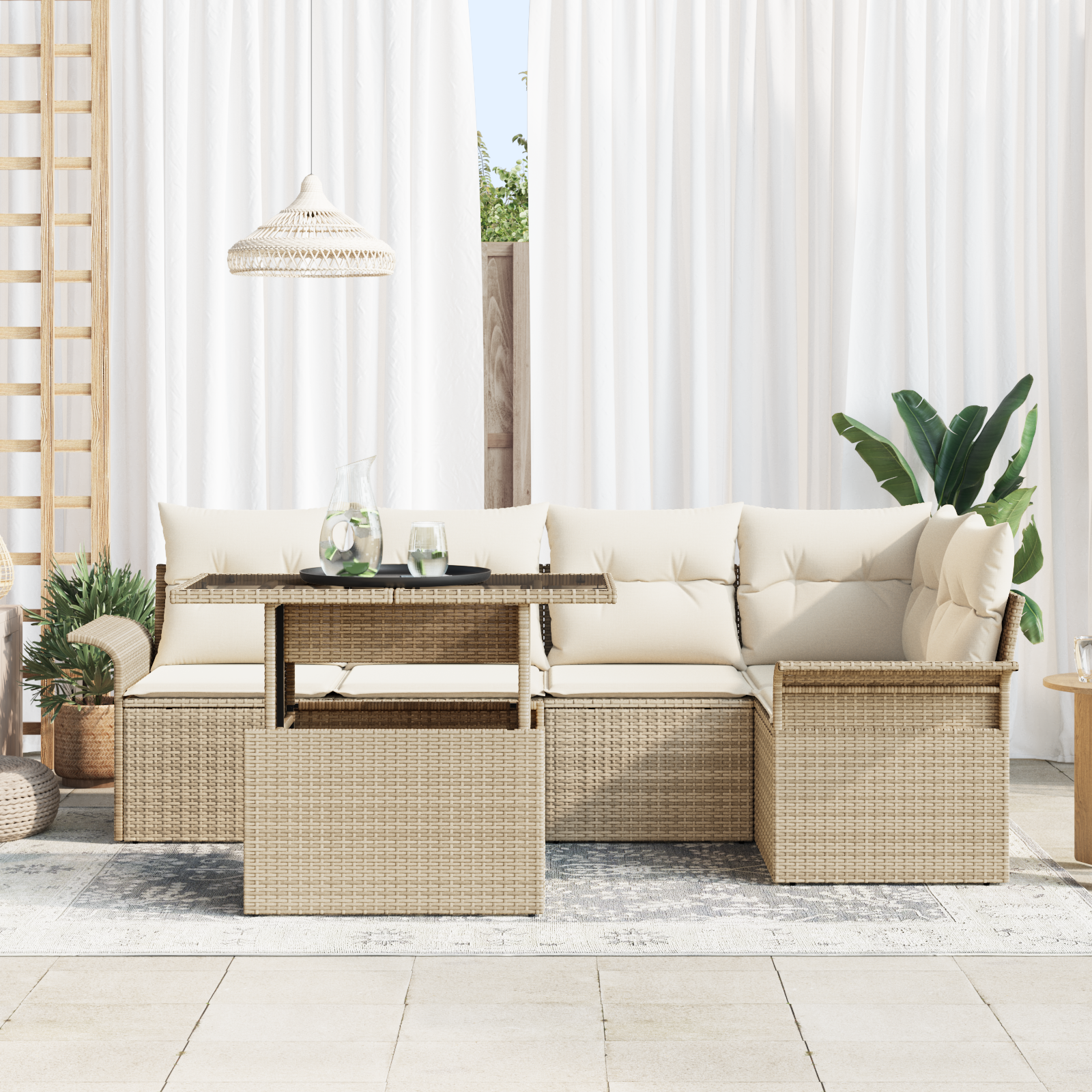 vidaXL 6-delige Tuinbankenset met kussens poly rattan beige
