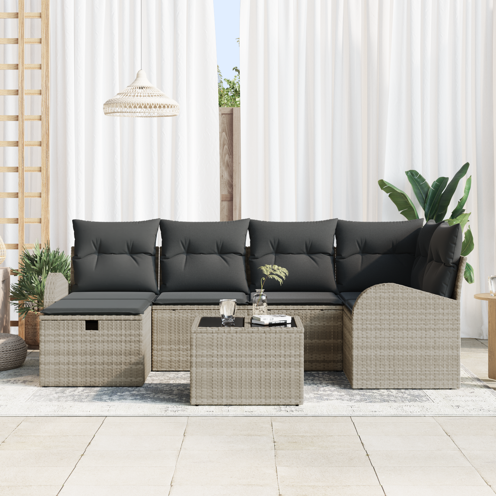 vidaXL 7-delige Tuinbankenset met kussens poly rattan lichtgrijs