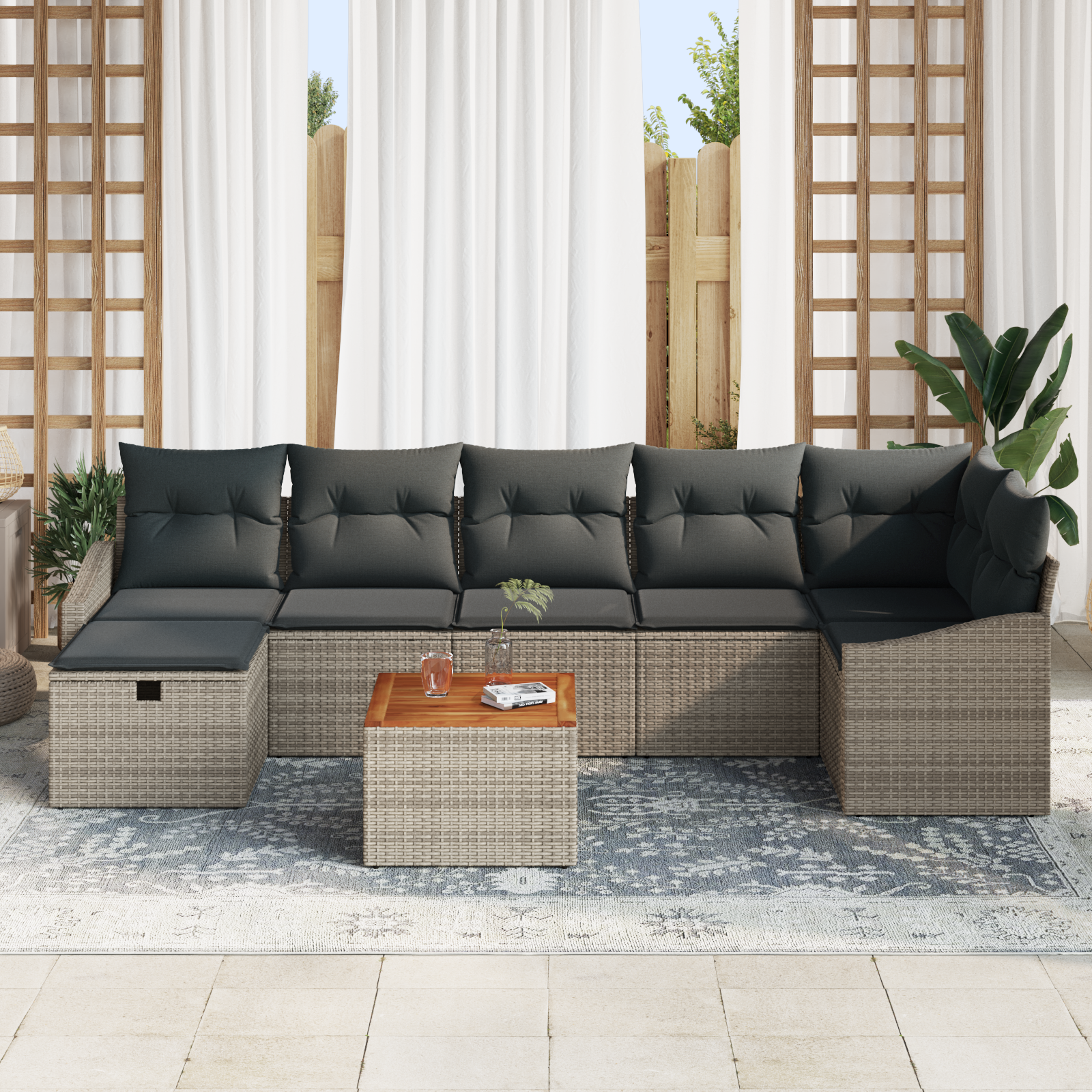 vidaXL 8-delige Tuinbankenset met kussens poly rattan grijs