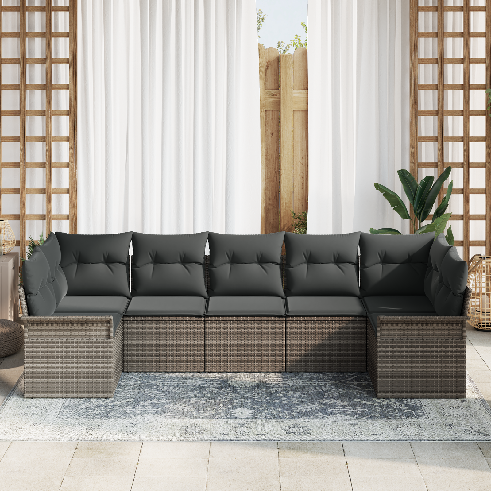 vidaXL 7-delige Tuinbankenset met kussens poly rattan grijs