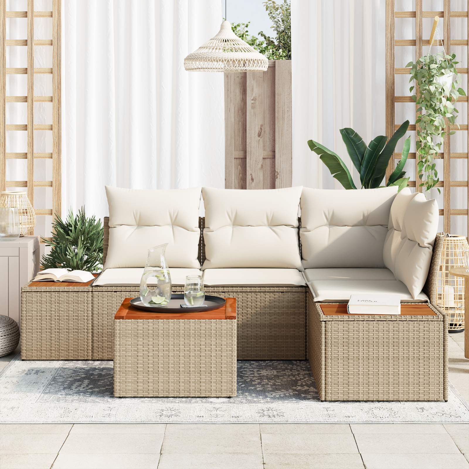 vidaXL 5-delige Tuinbankenset met kussens poly rattan acacia beige