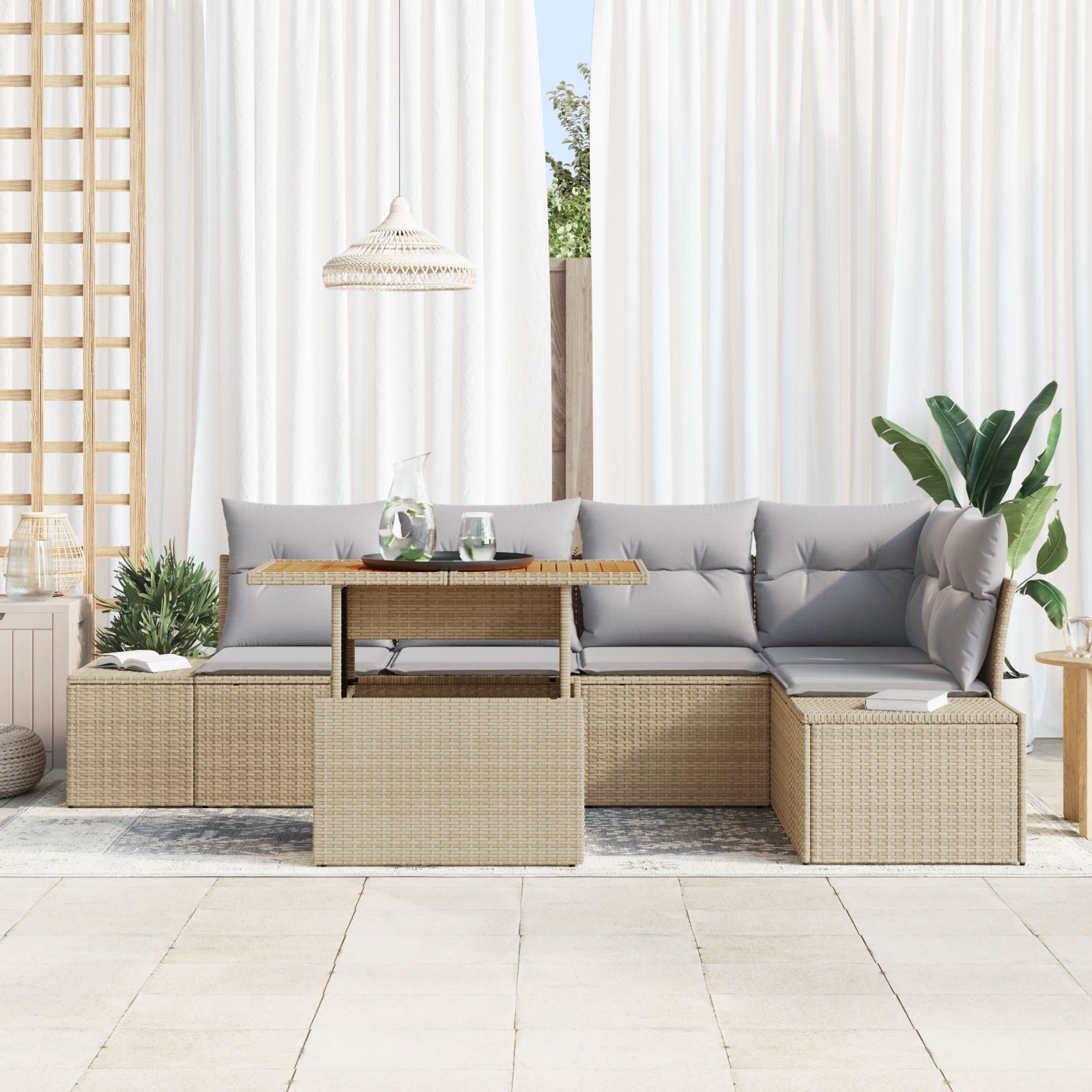 vidaXL 6-delige tuinset met kussens in beige poly rattan en acacia