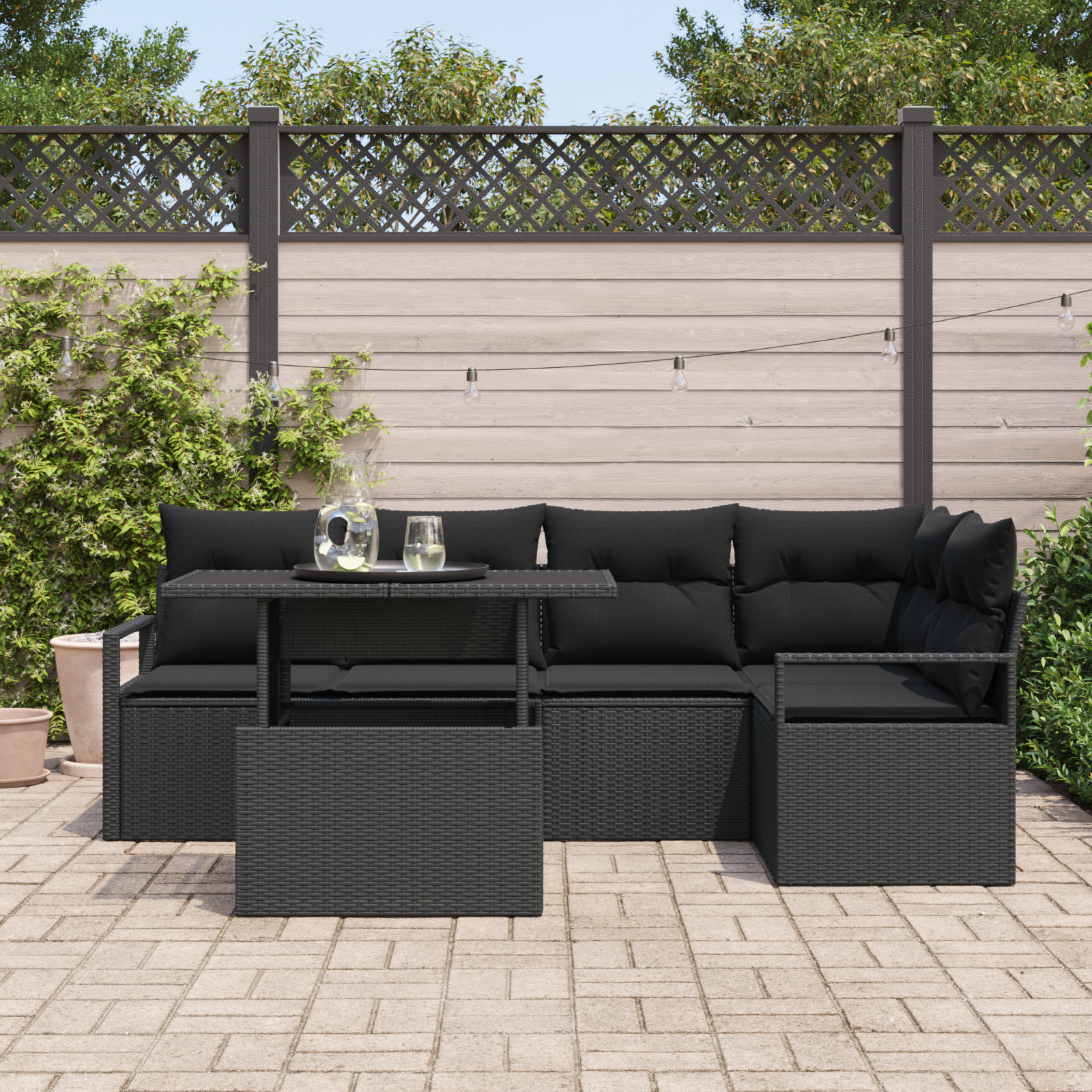 vidaXL 6-delige Tuinbankenset met kussens poly rattan zwart