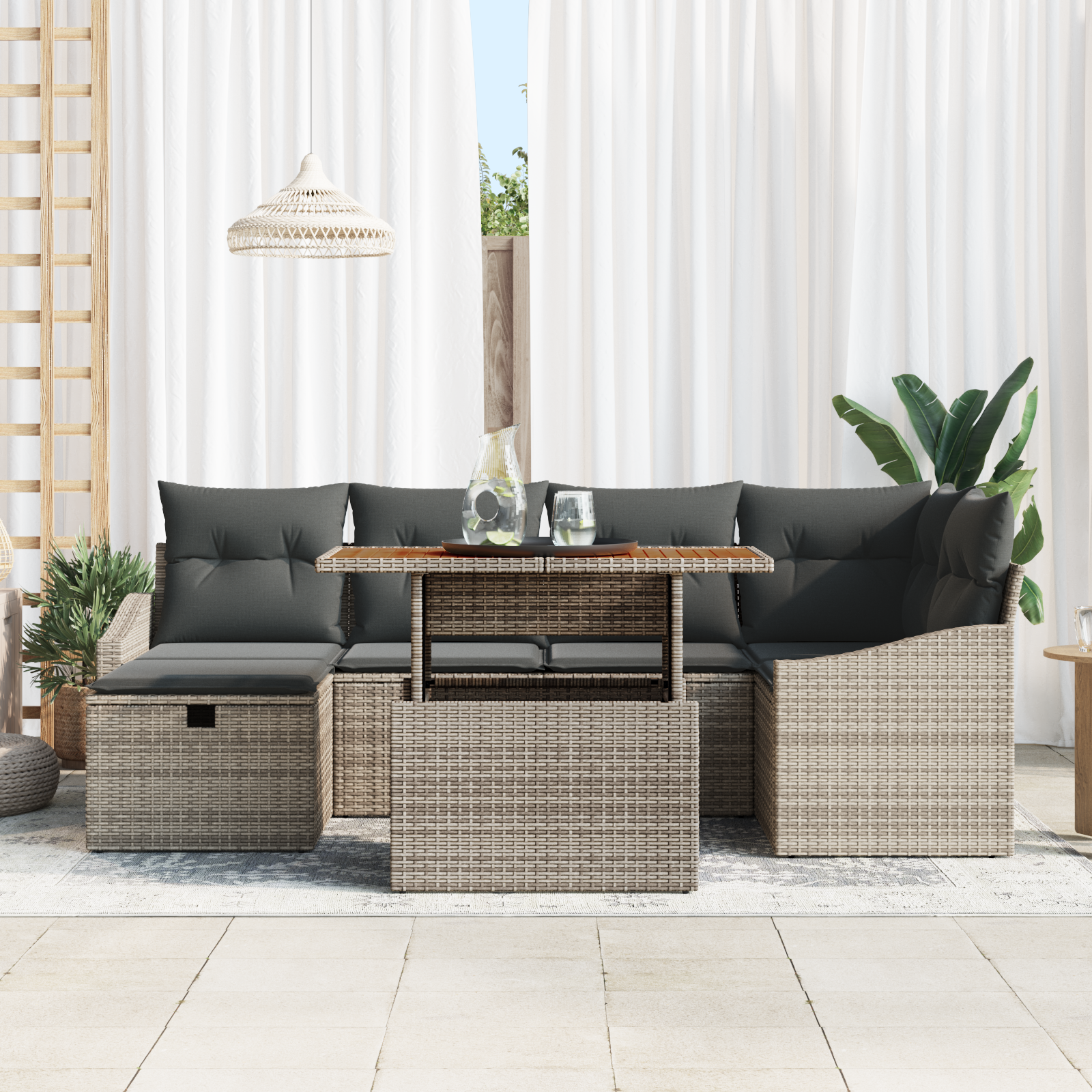 vidaXL 7-delige tuinset met kussens in grijs poly rattan