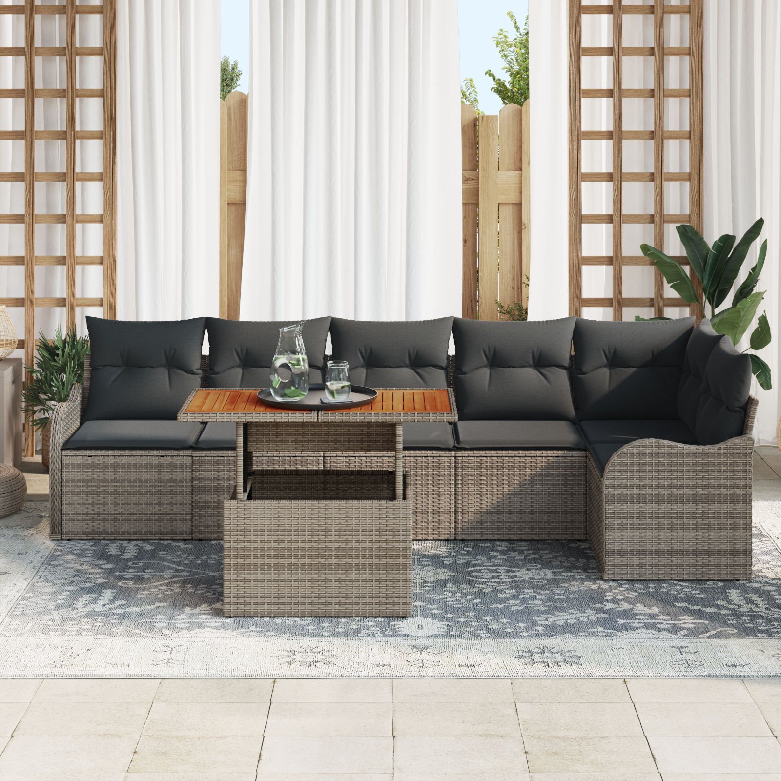 vidaXL 7-delige tuinset met kussens - Grijs, Poly Rattan, Acacia