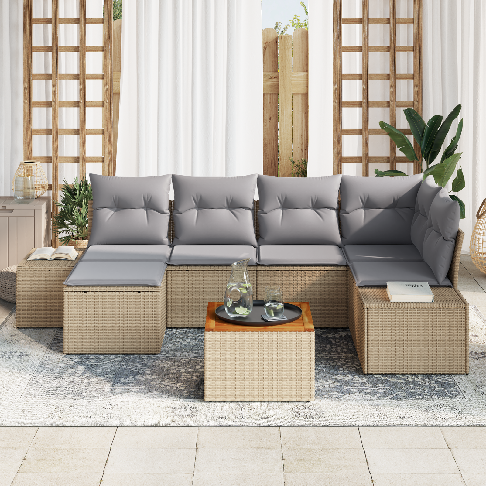 vidaXL 7-delige tuinset met kussens in beige poly rattan en acaciahout