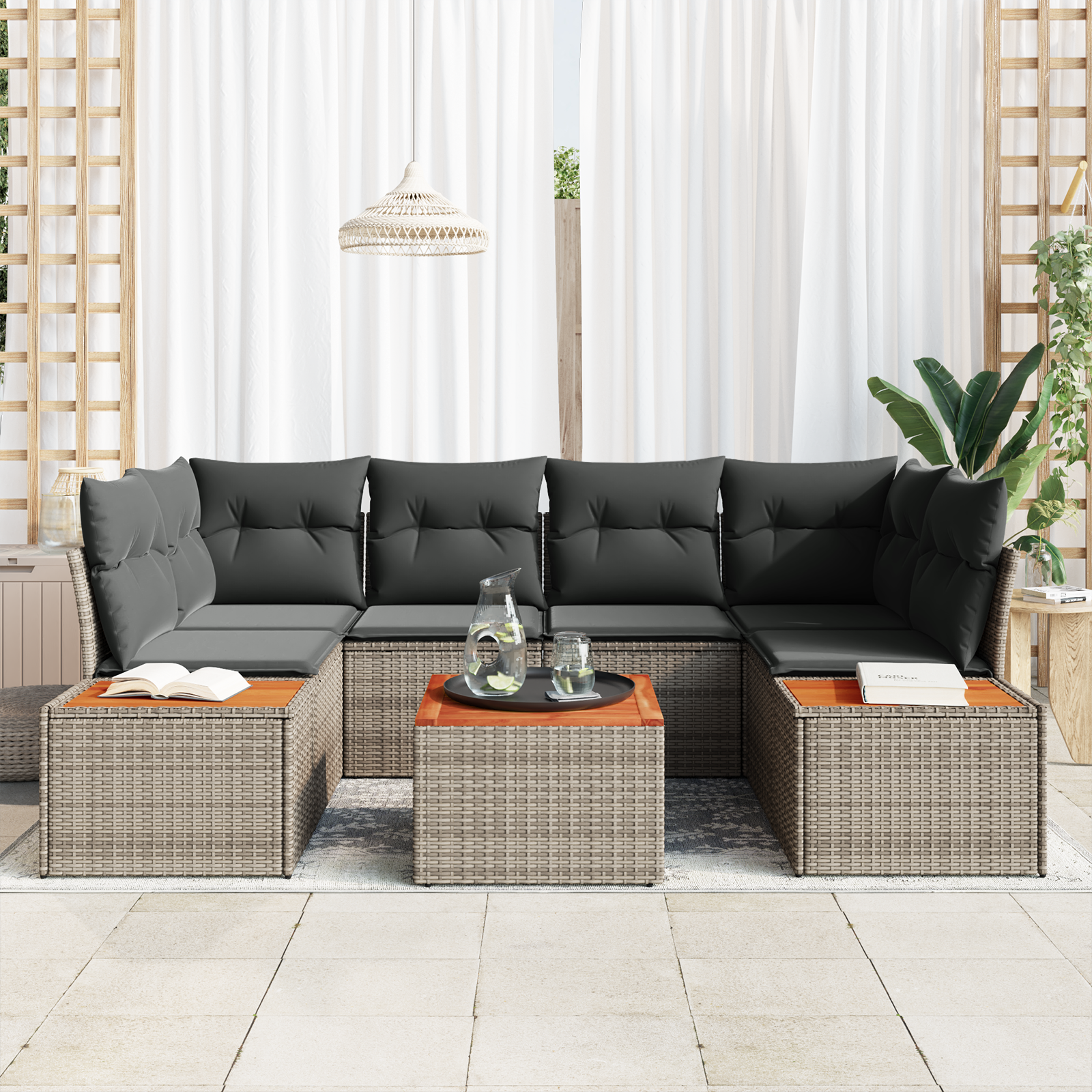 vidaXL 7-delige tuinset met kussens, grijs poly rattan en acacia