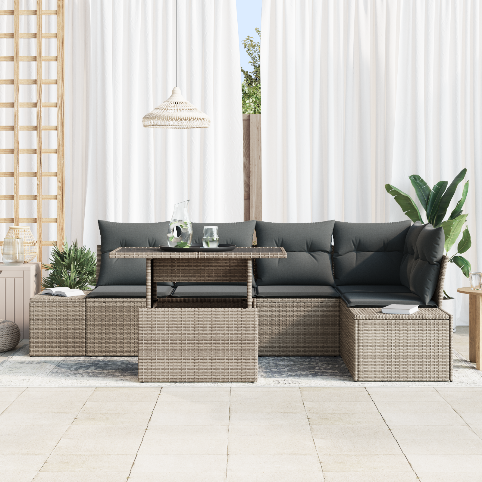 vidaXL 6-delige Tuinbankenset met kussens poly rattan grijs