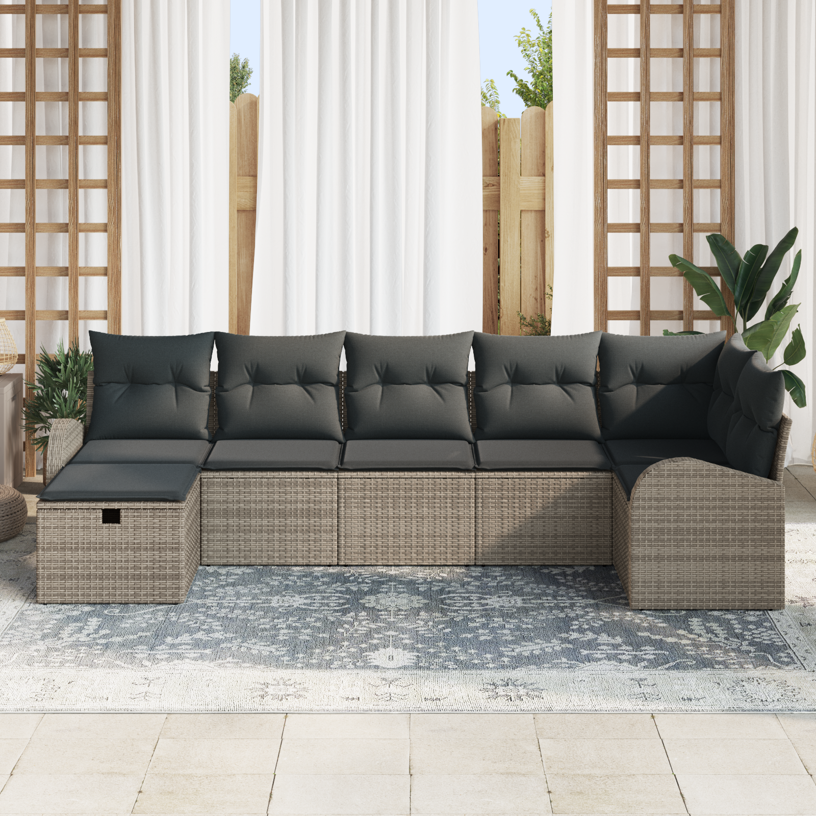 vidaXL 7-delige Tuinbankenset met kussens poly rattan grijs