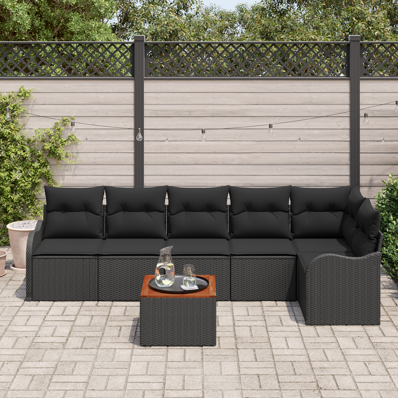 vidaXL 7-delige tuinset met kussens in zwart poly rattan en acacia