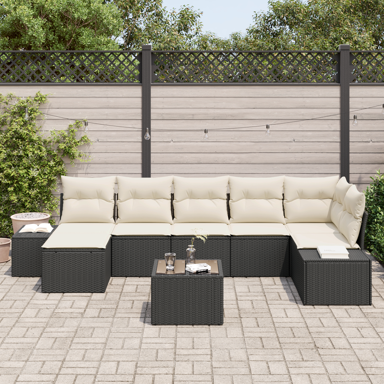 vidaXL 7-delige Tuinbankenset met kussens poly rattan bruin