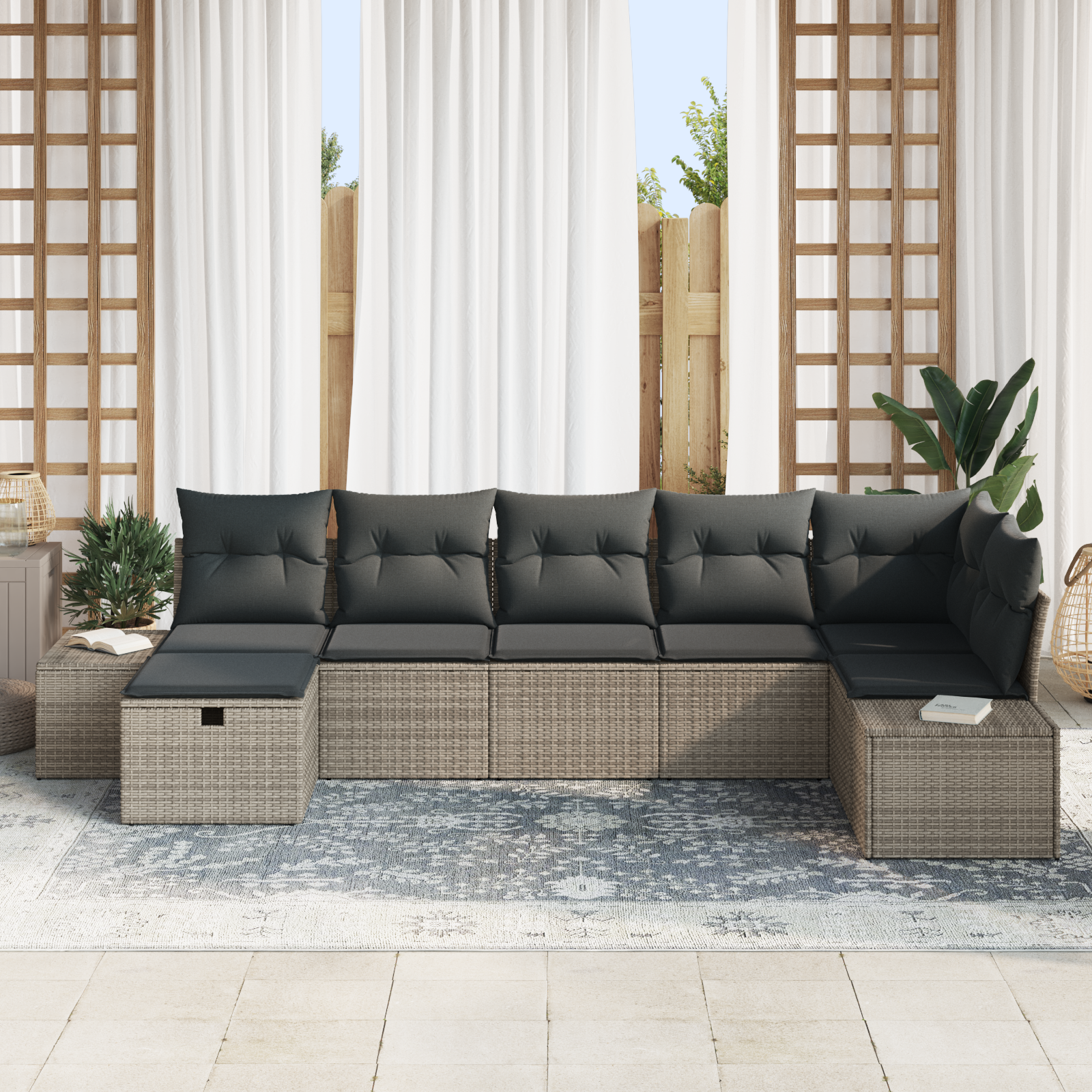 vidaXL 7-delige Tuinbankenset met kussens poly rattan grijs