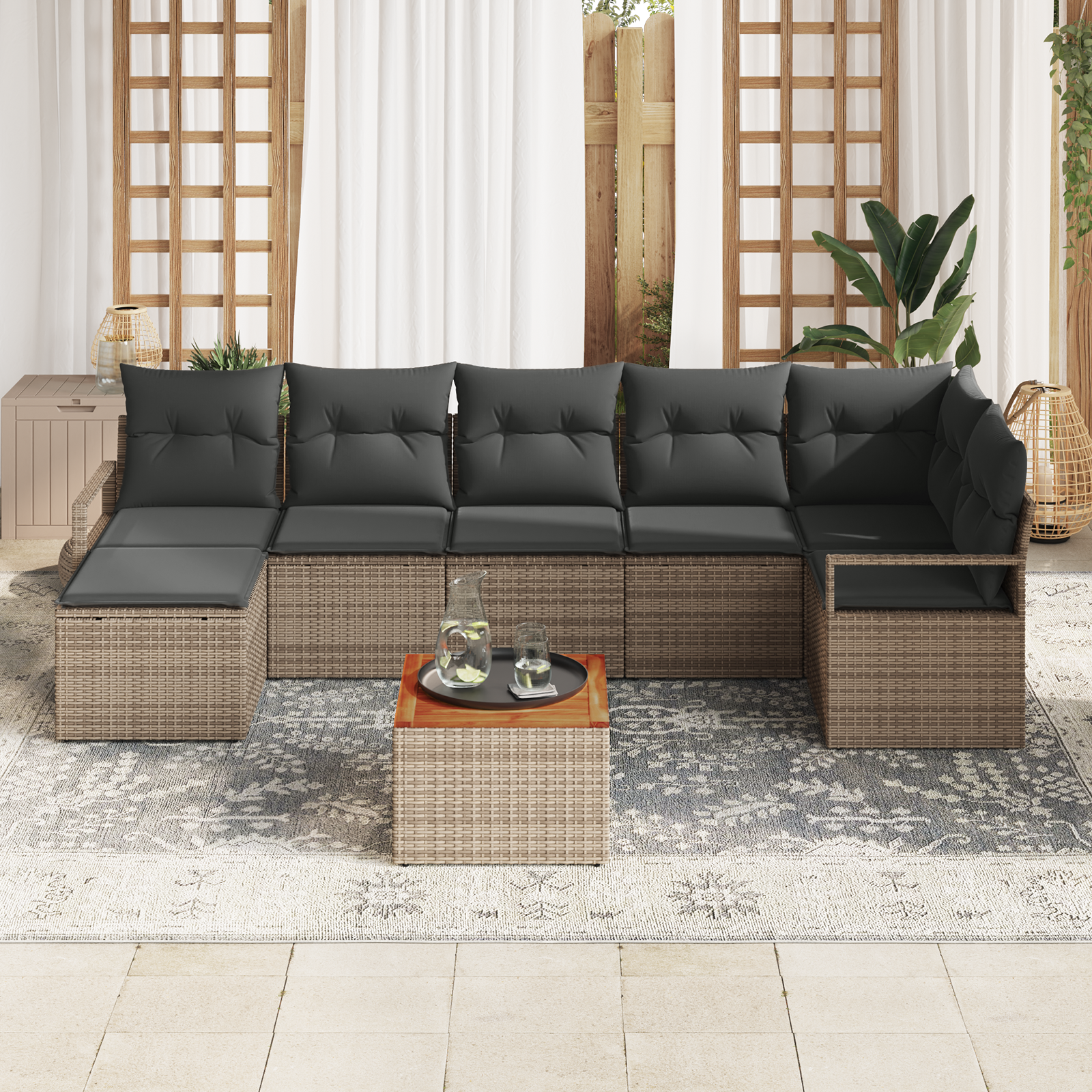 vidaXL 8-delige Tuinbankenset met kussens poly rattan acacia grijs