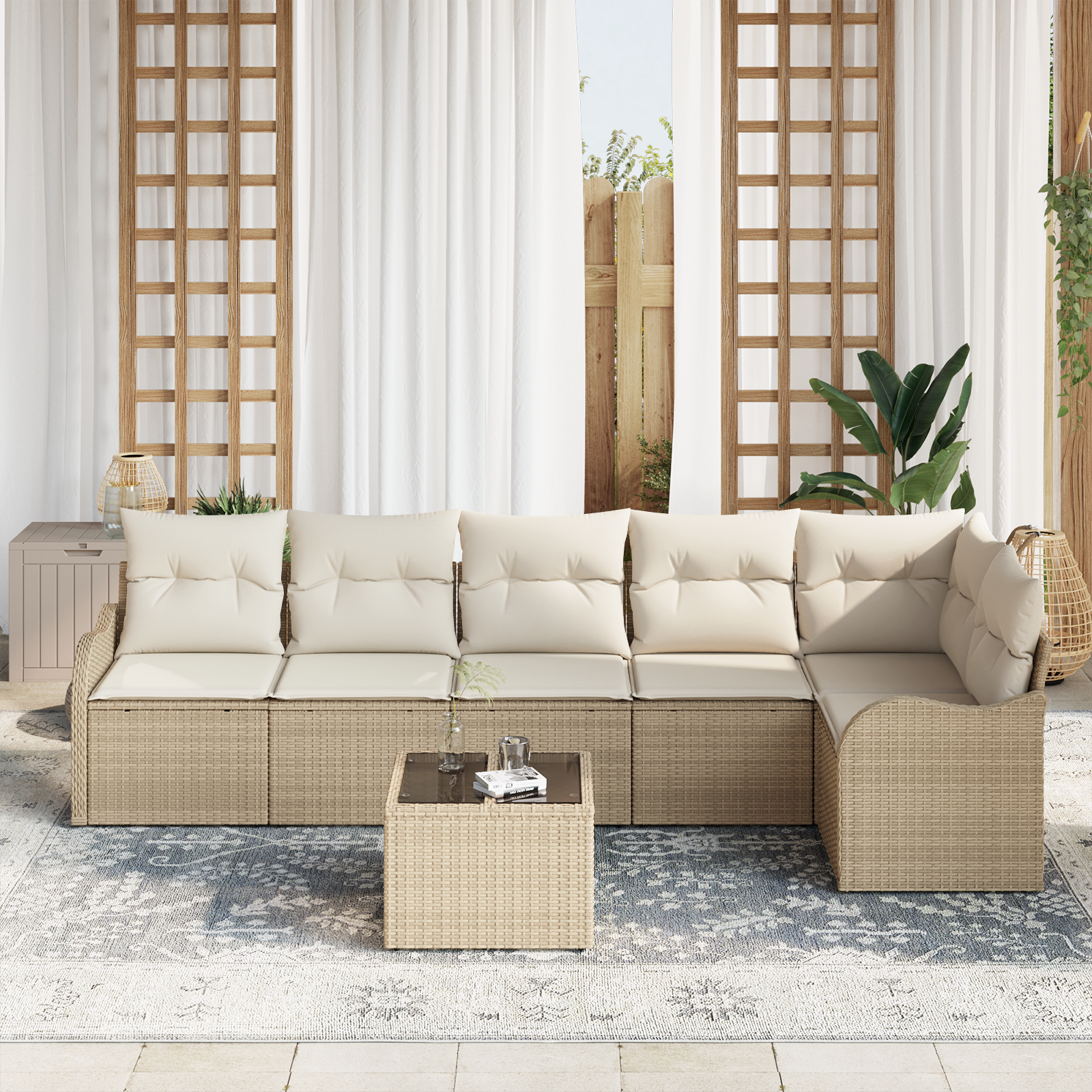 vidaXL 7-delige Tuinbankenset met kussens poly rattan bruin