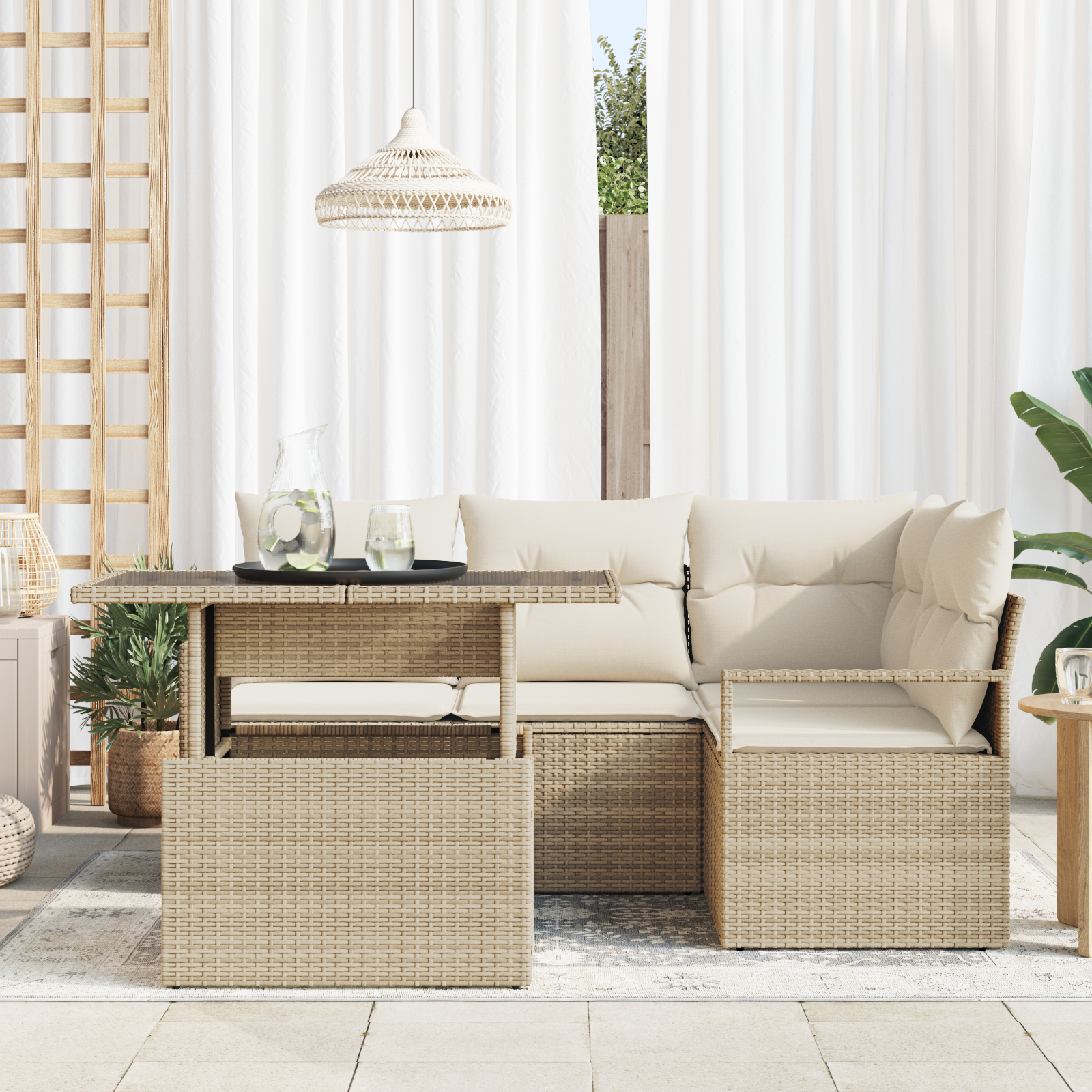 vidaXL 5-delige tuinset met kussens beige poly rattan