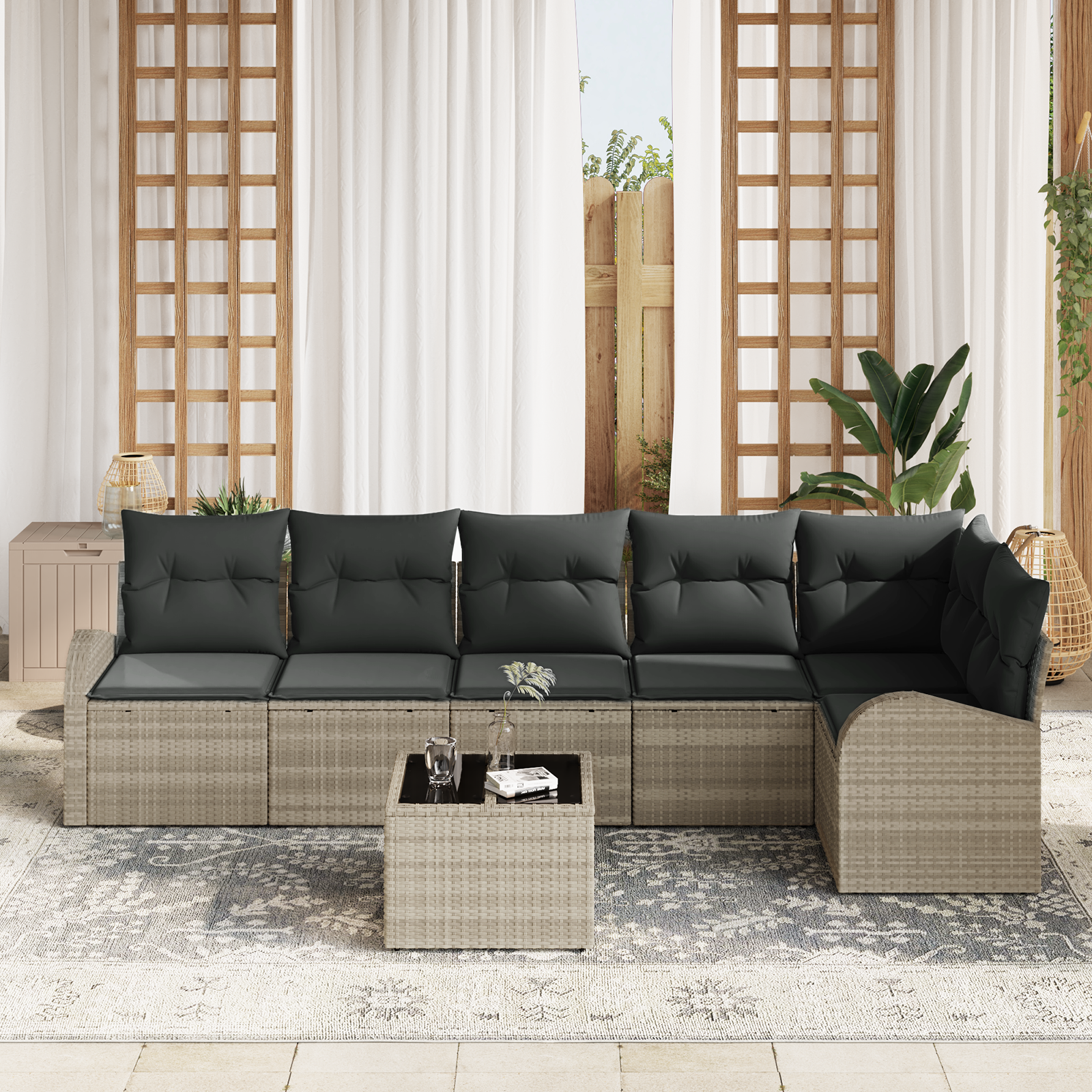 vidaXL 7-delige tuinset met kussens - grijs poly rattan