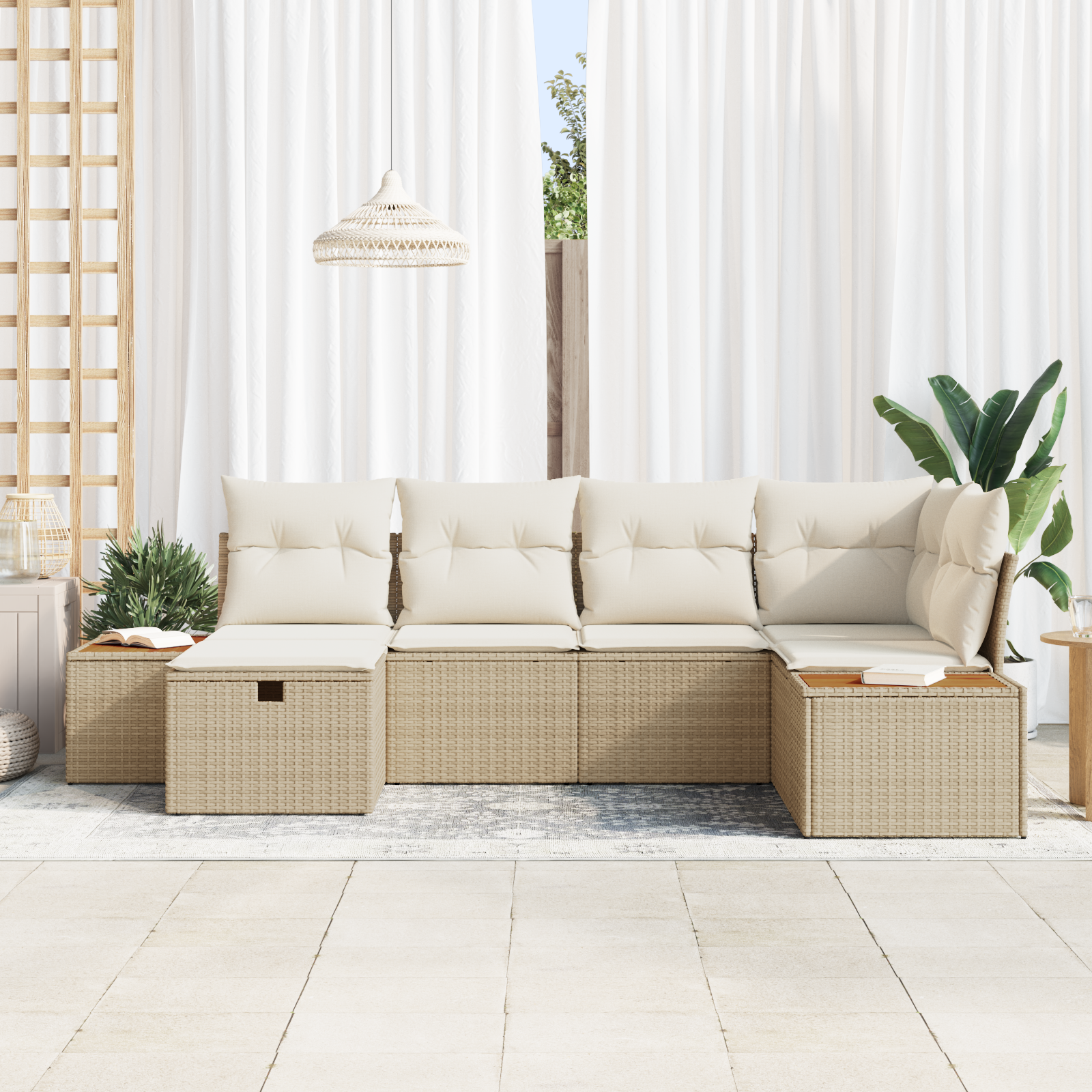 vidaXL 6-delige Tuinbankenset met kussens poly rattan beige