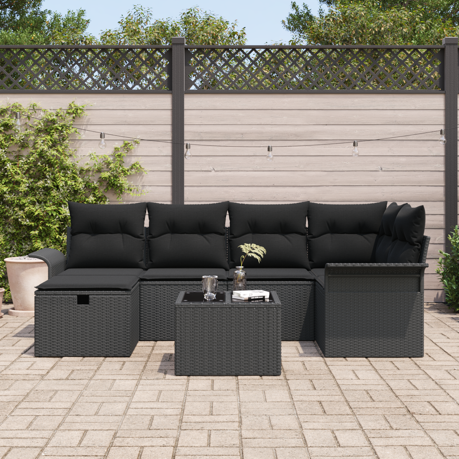 vidaXL 7-delige Tuinbankenset met kussens poly rattan zwart