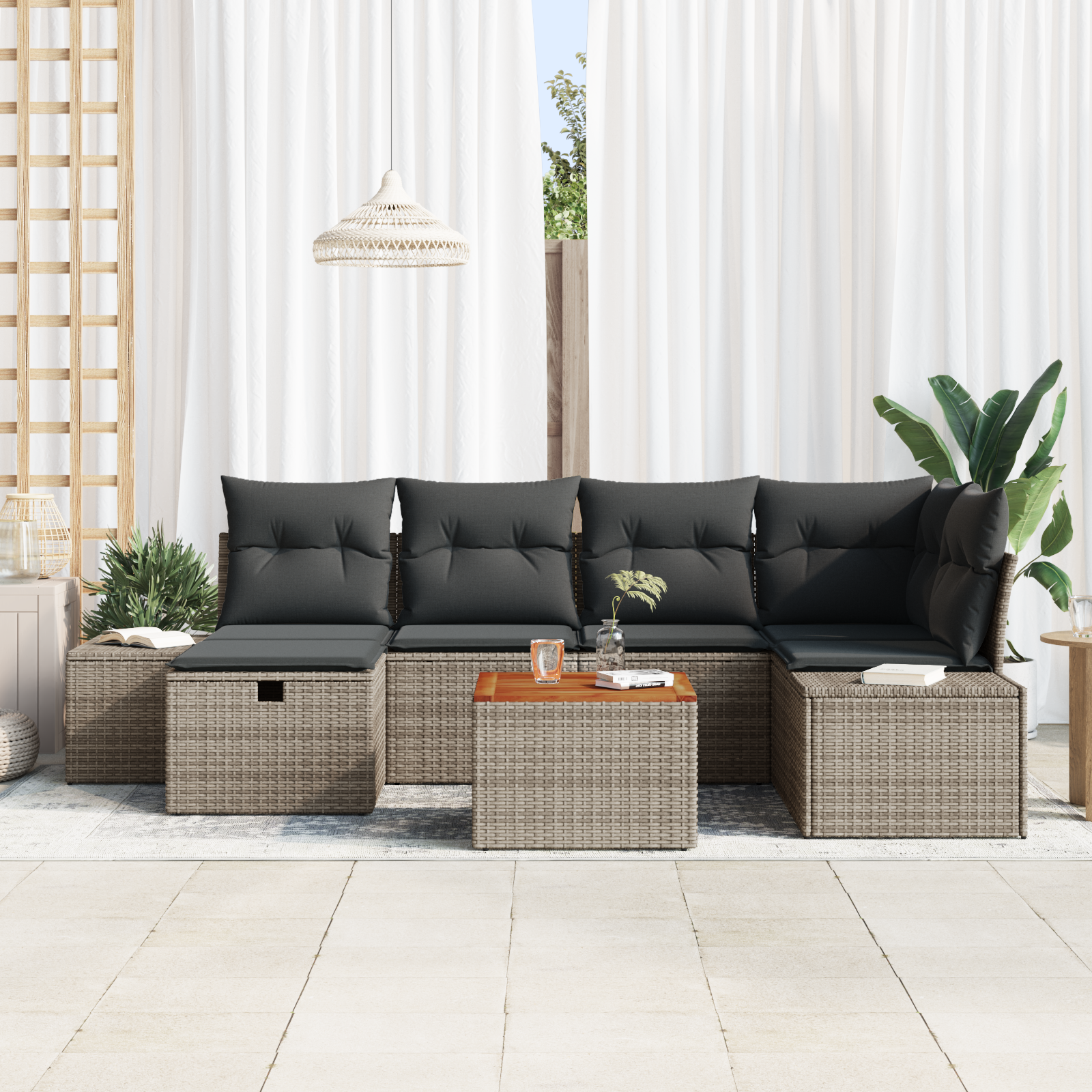 vidaXL 7-delige Tuinbankenset met kussens poly rattan grijs