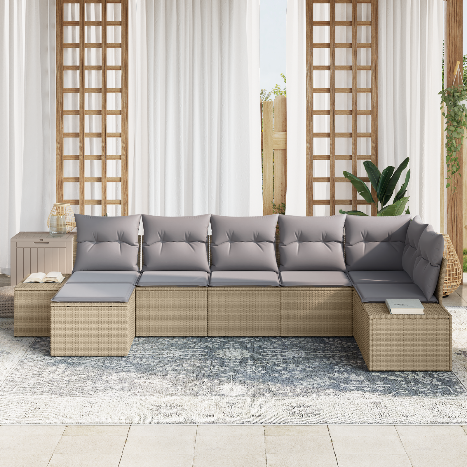 vidaXL 7-delige Tuinbankenset met kussens poly rattan beige
