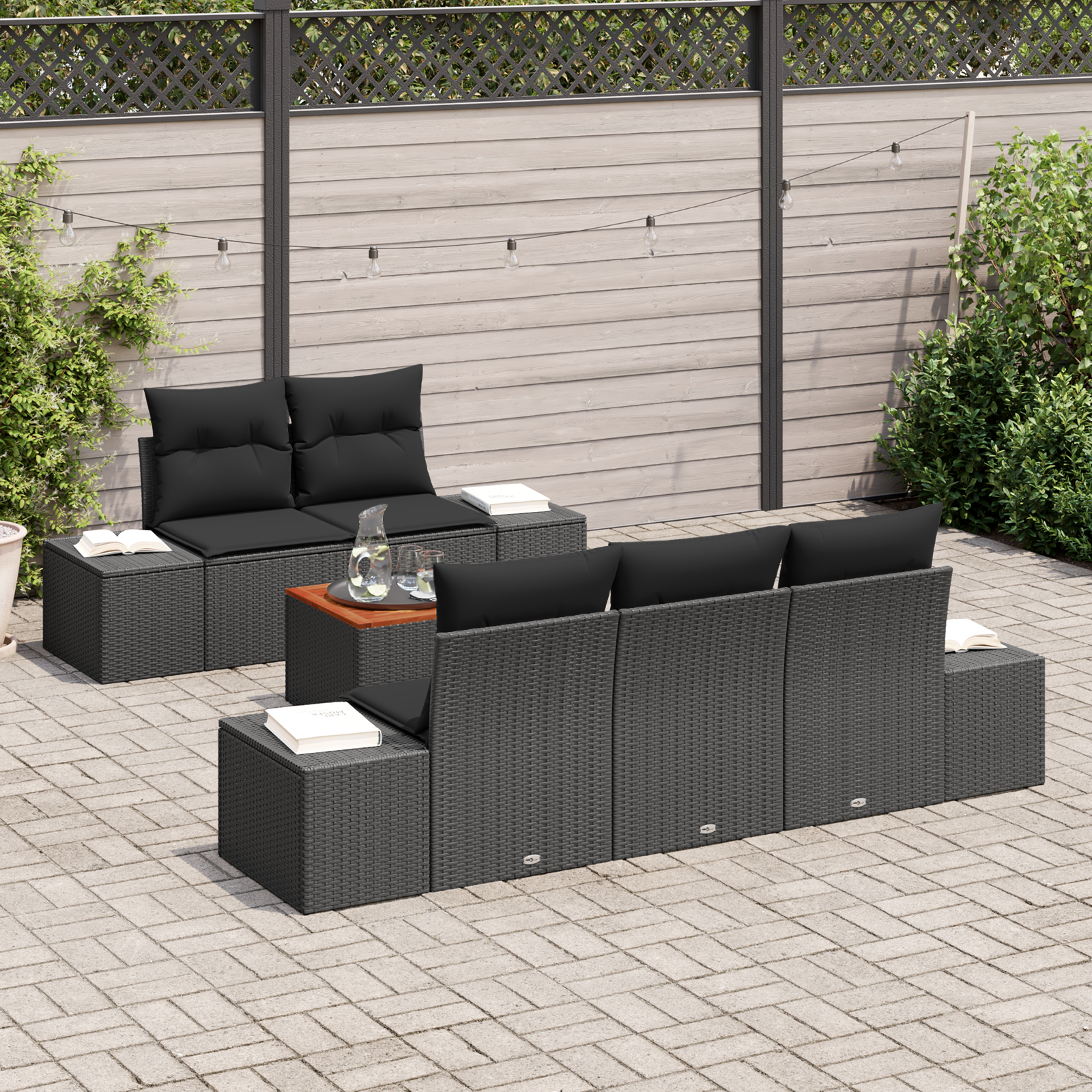 vidaXL 6-delige Tuinbankenset met kussens poly rattan acaciahout zwart