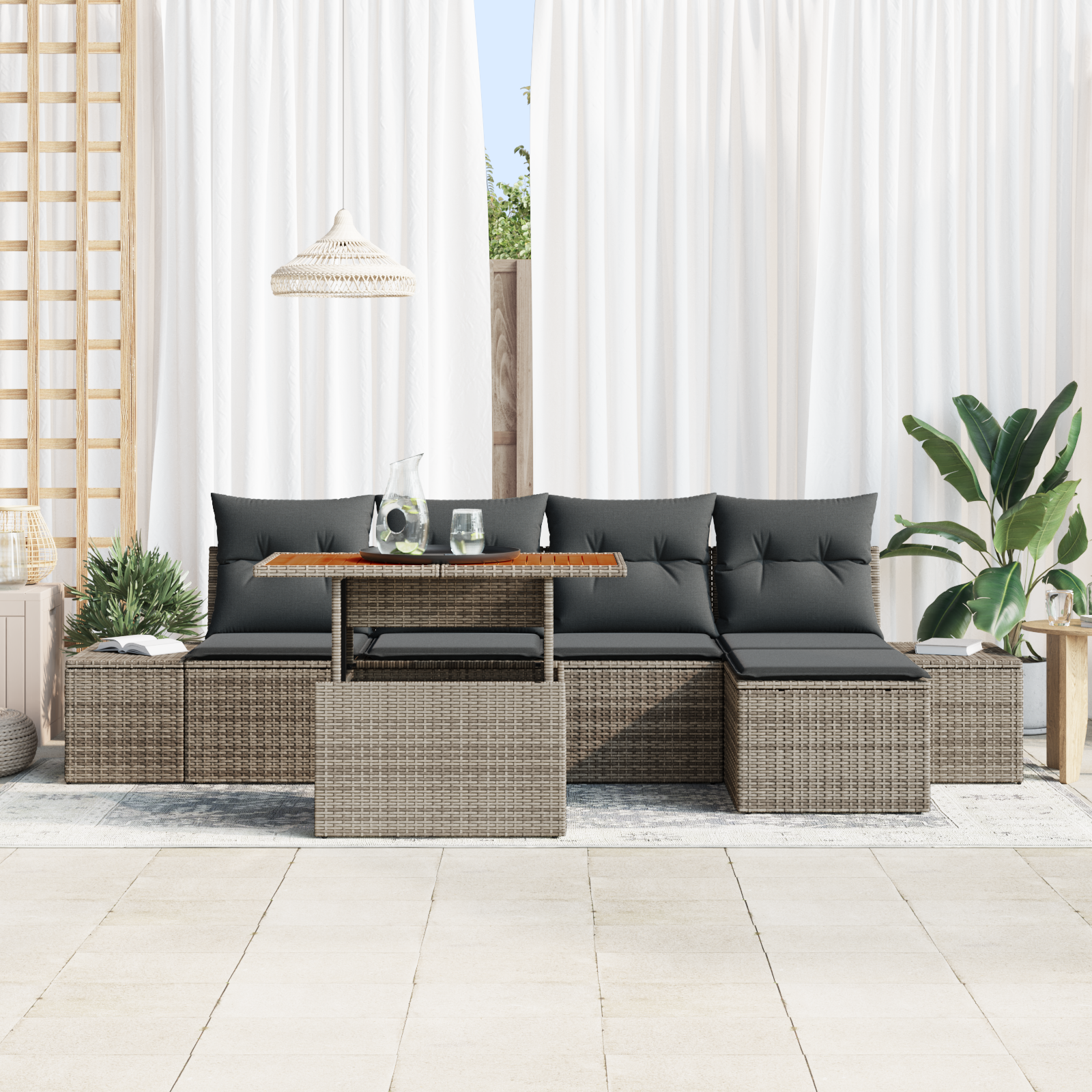 vidaXL 6-delige Tuinbankenset met kussens poly rattan grijs