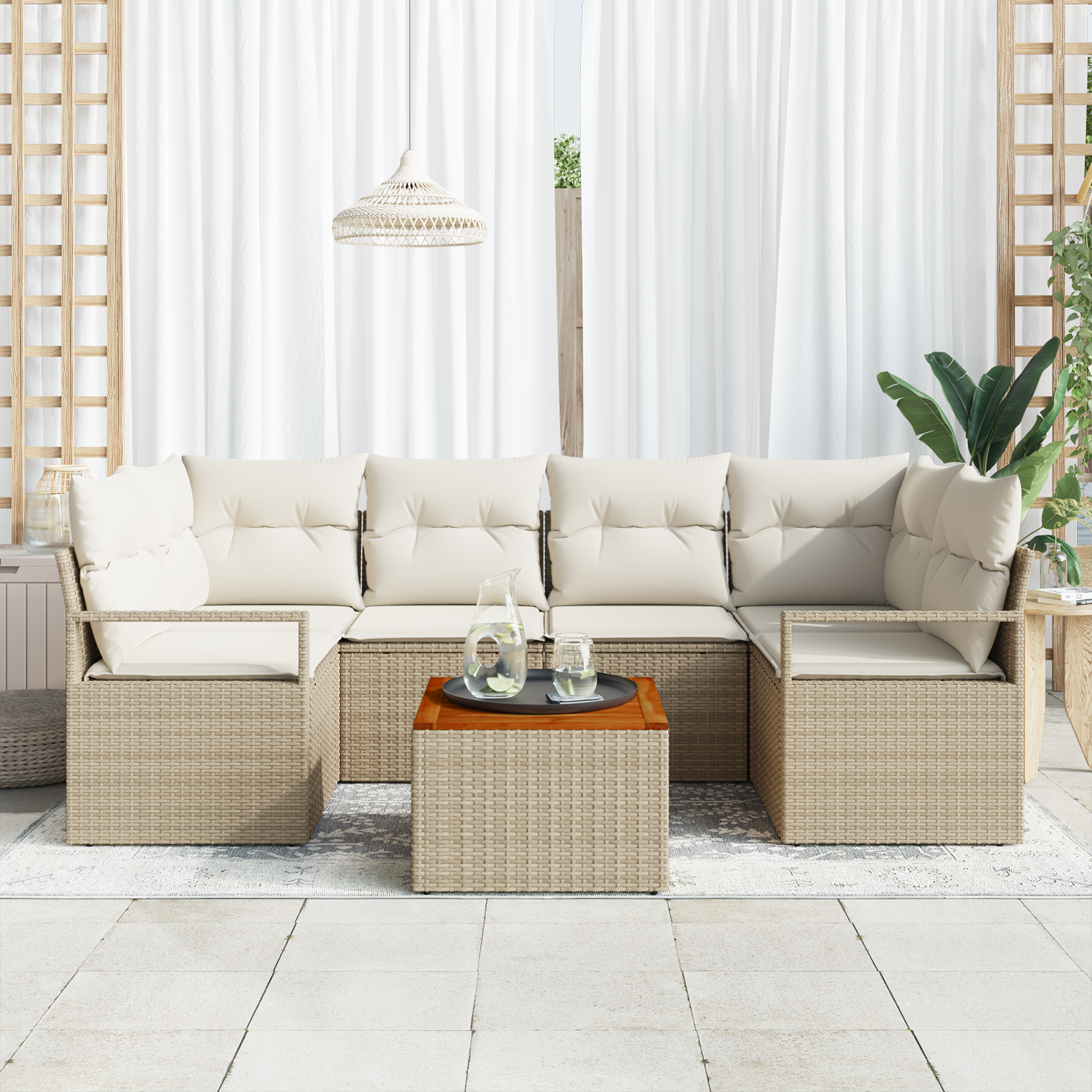 vidaXL 7-delige Tuinbankenset met kussens poly rattan acacia beige