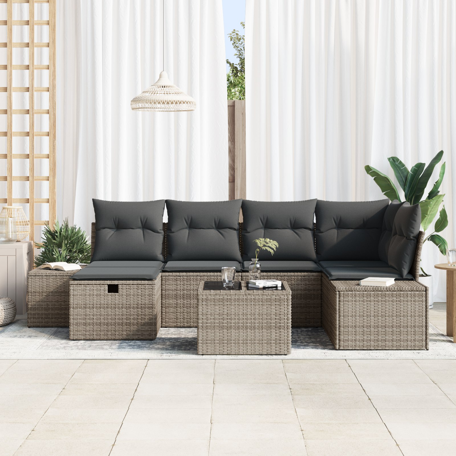 vidaXL 7-delige Tuinbankenset met kussens poly rattan grijs