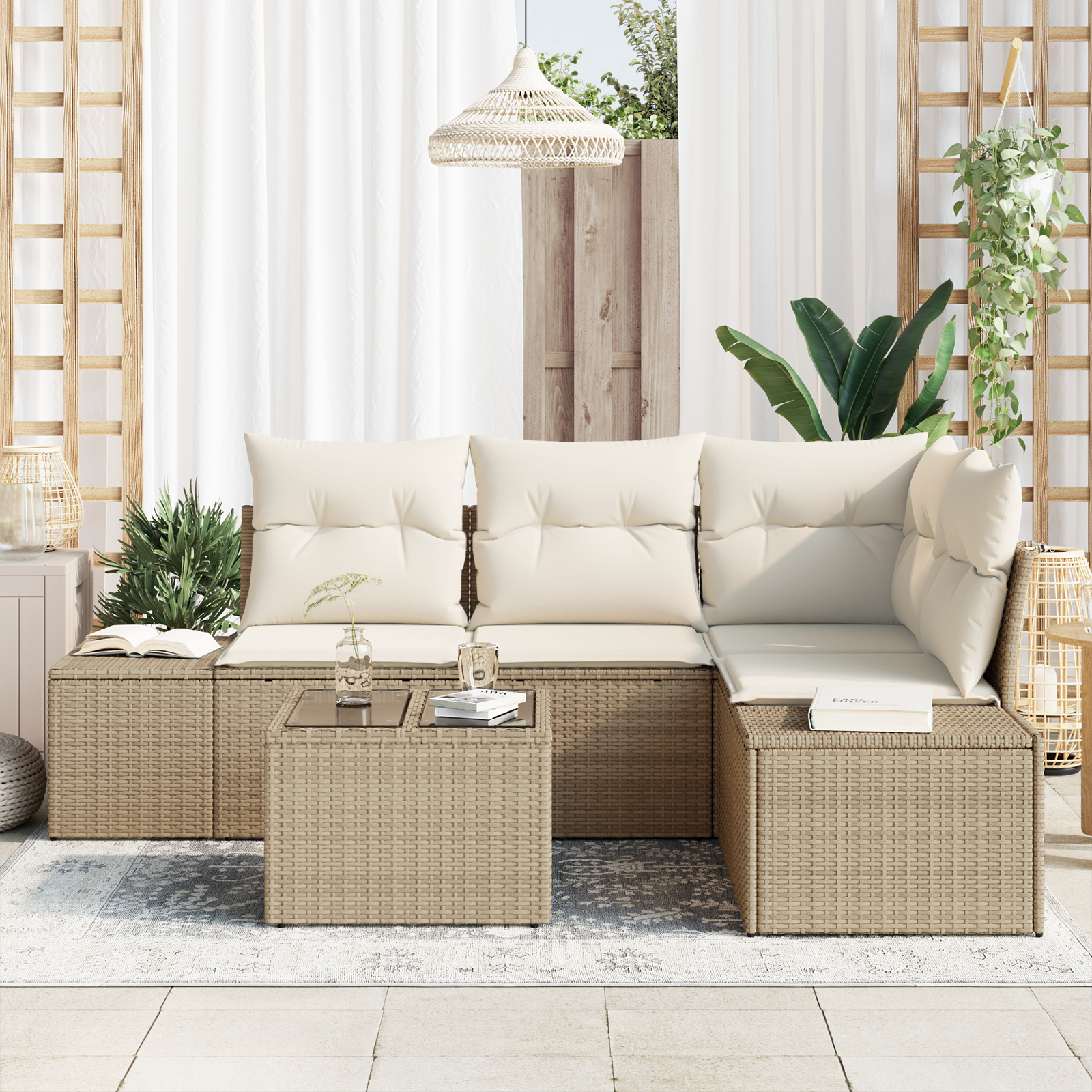vidaXL 5-delige Tuinbankenset met kussens poly rattan bruin