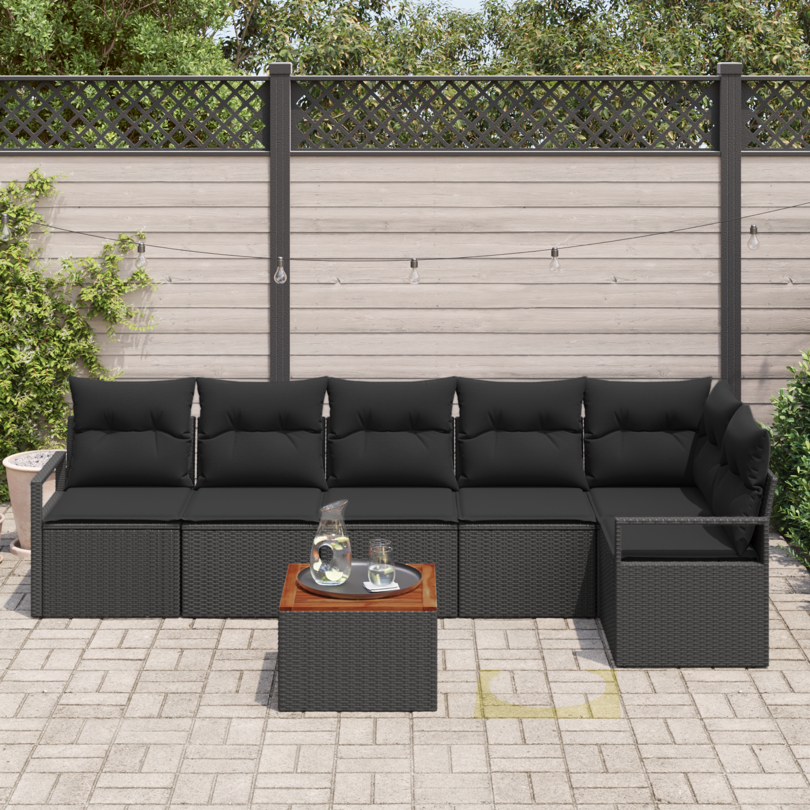 vidaXL 7-delige Tuinbank Set met Kussens Zwart Poly Rattan Acacia