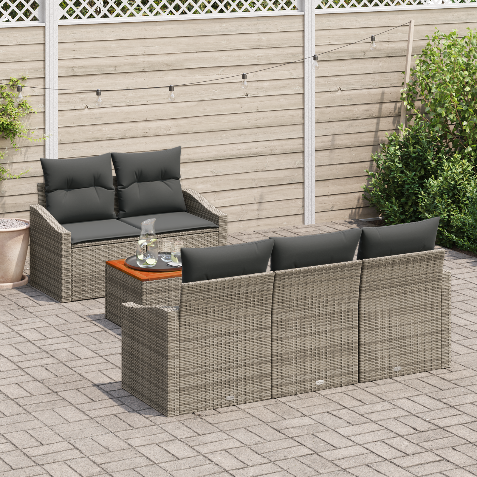 vidaXL 6-delige tuinset met kussens Grijs Poly Riet Acaciahout