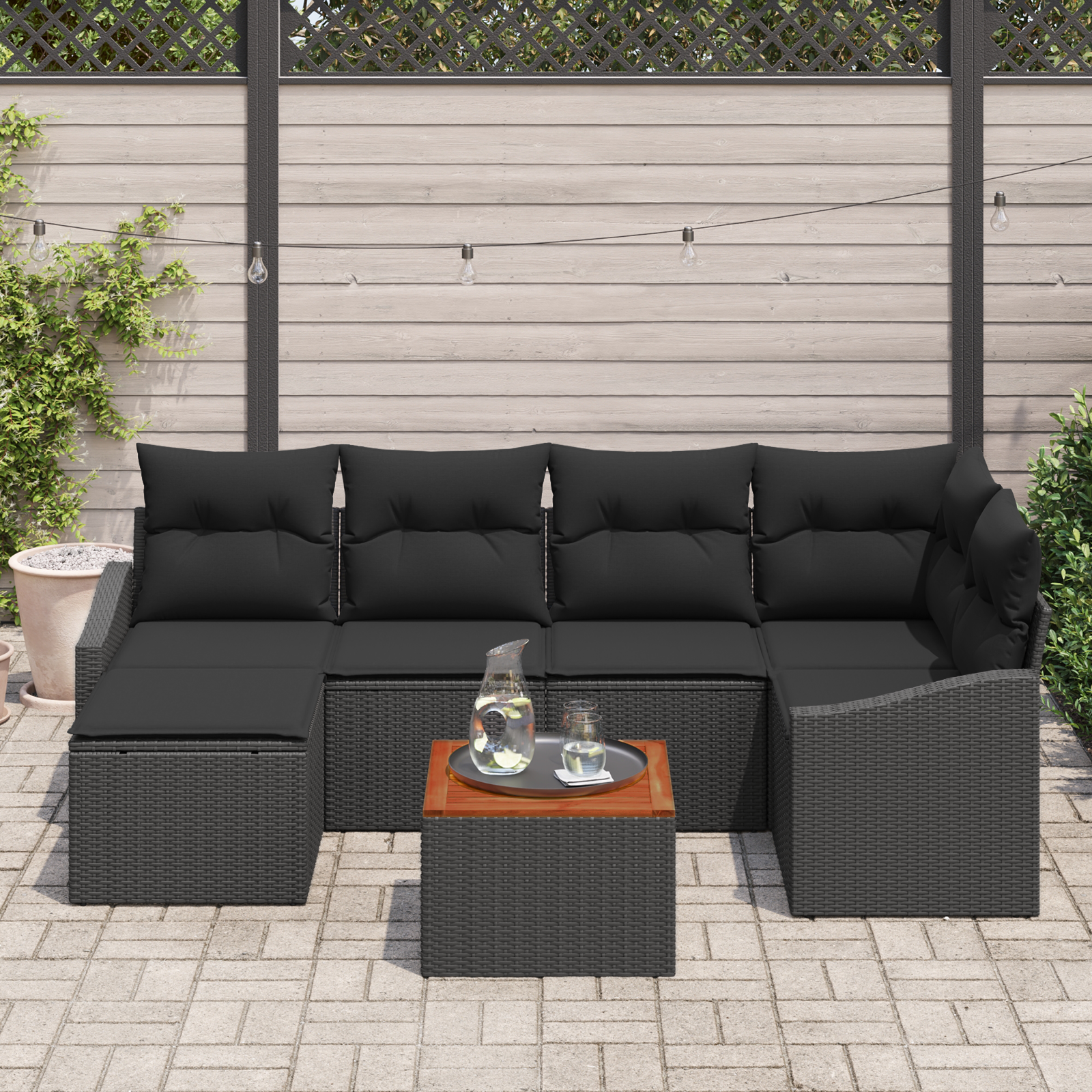 vidaXL 7-delige tuinset met kussens, zwart poly rattan en acacia