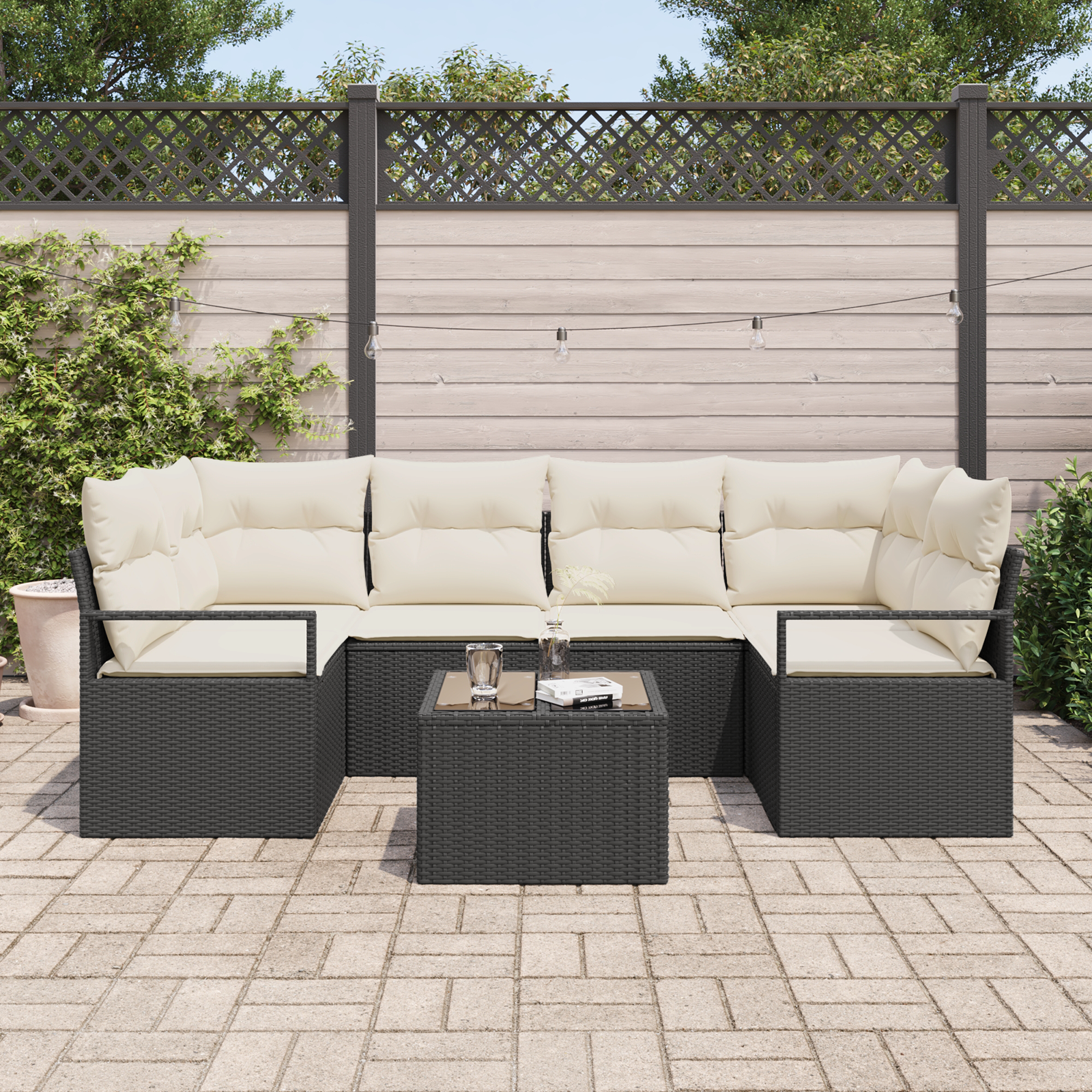 vidaXL 7-delige ligbed set met kussens zwart poly rattan