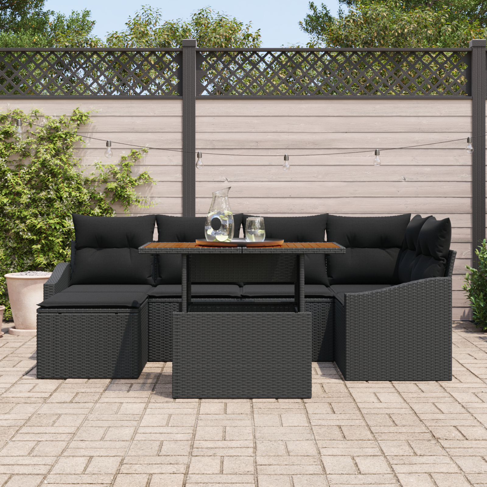 vidaXL 7-delige Tuinset met kussens poly rattan acaciahout zwart