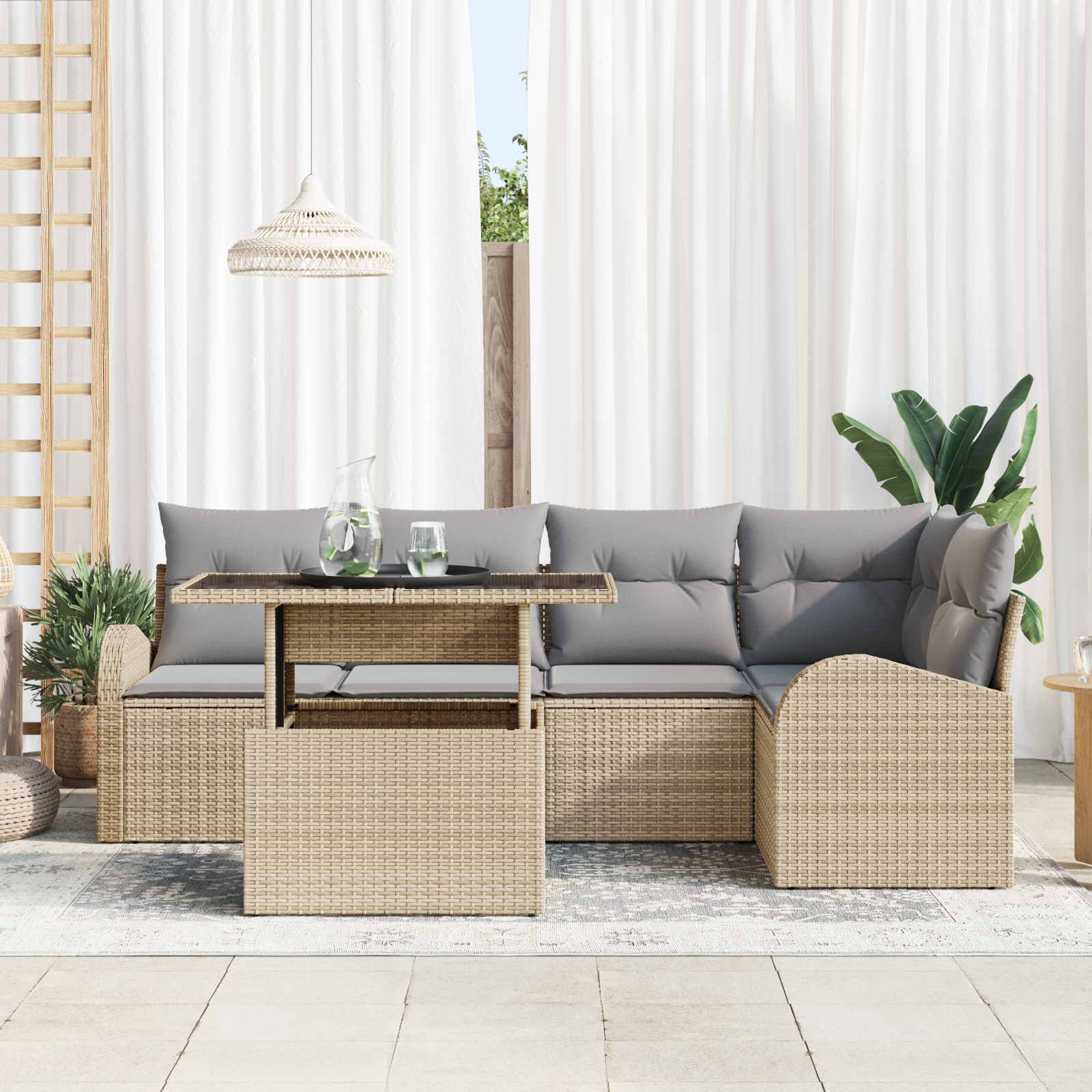 vidaXL 6-delige tuinset met kussens in beige poly rattan