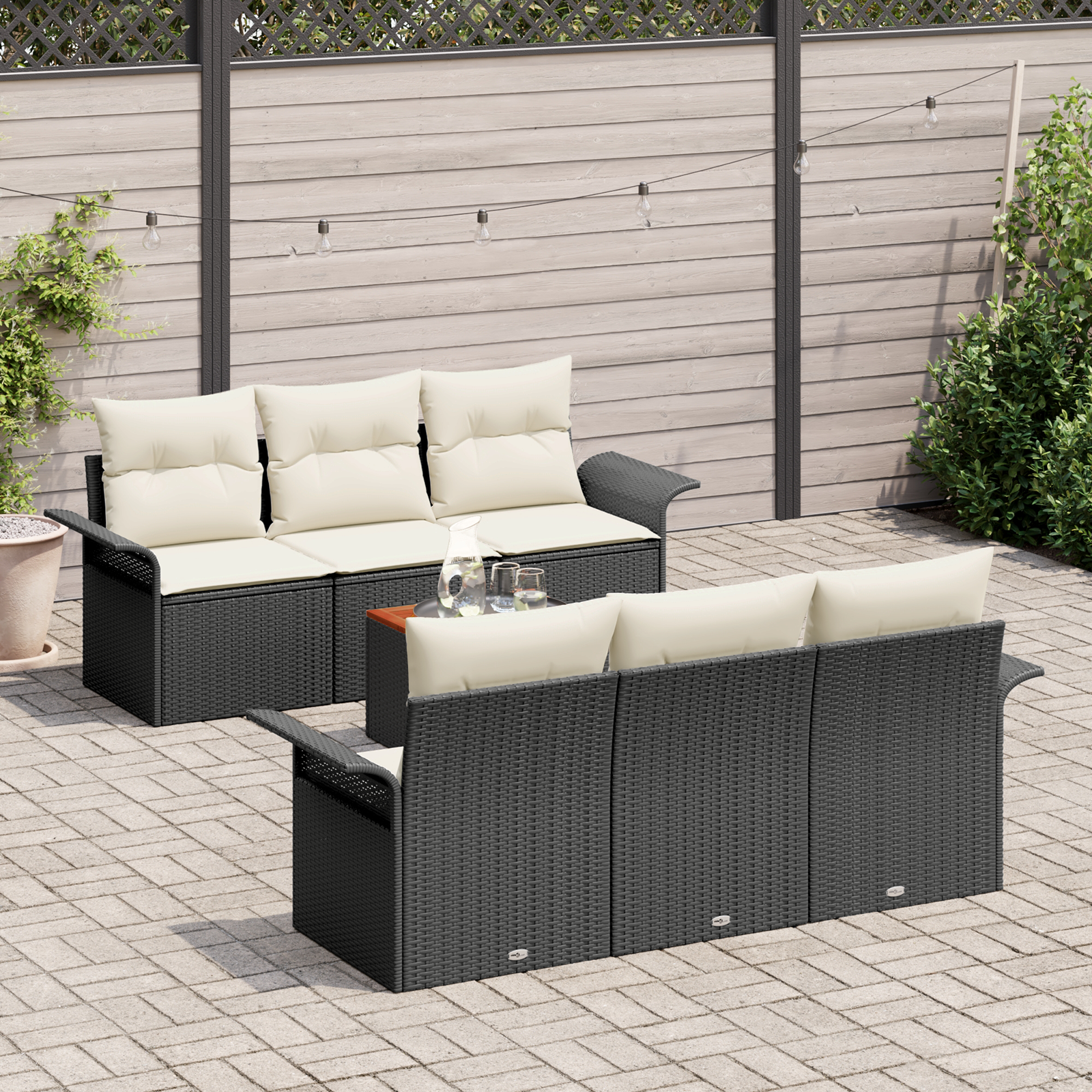 vidaXL 7-delig Jardin Sofa Set met Kussens Zwart Poly Riet Acacia