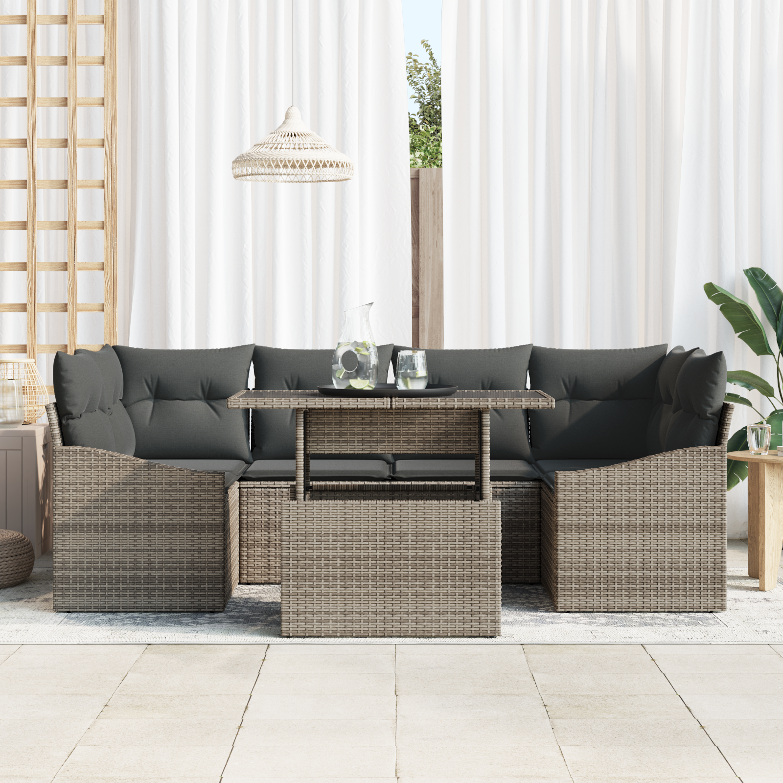 vidaXL 7-delige Tuinbankenset met kussens poly rattan grijs