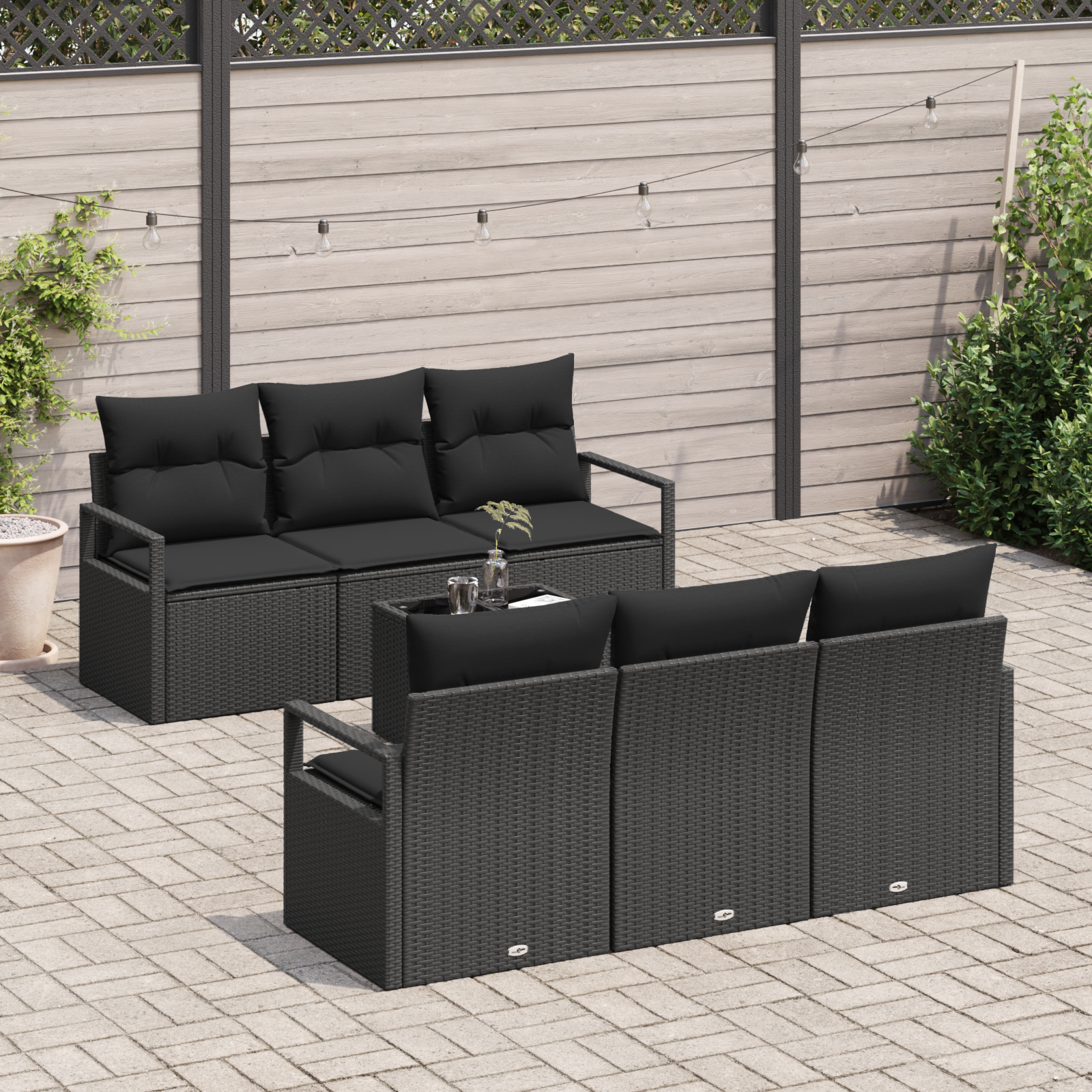 vidaXL 7-delige Tuinbankenset met kussens poly rattan zwart