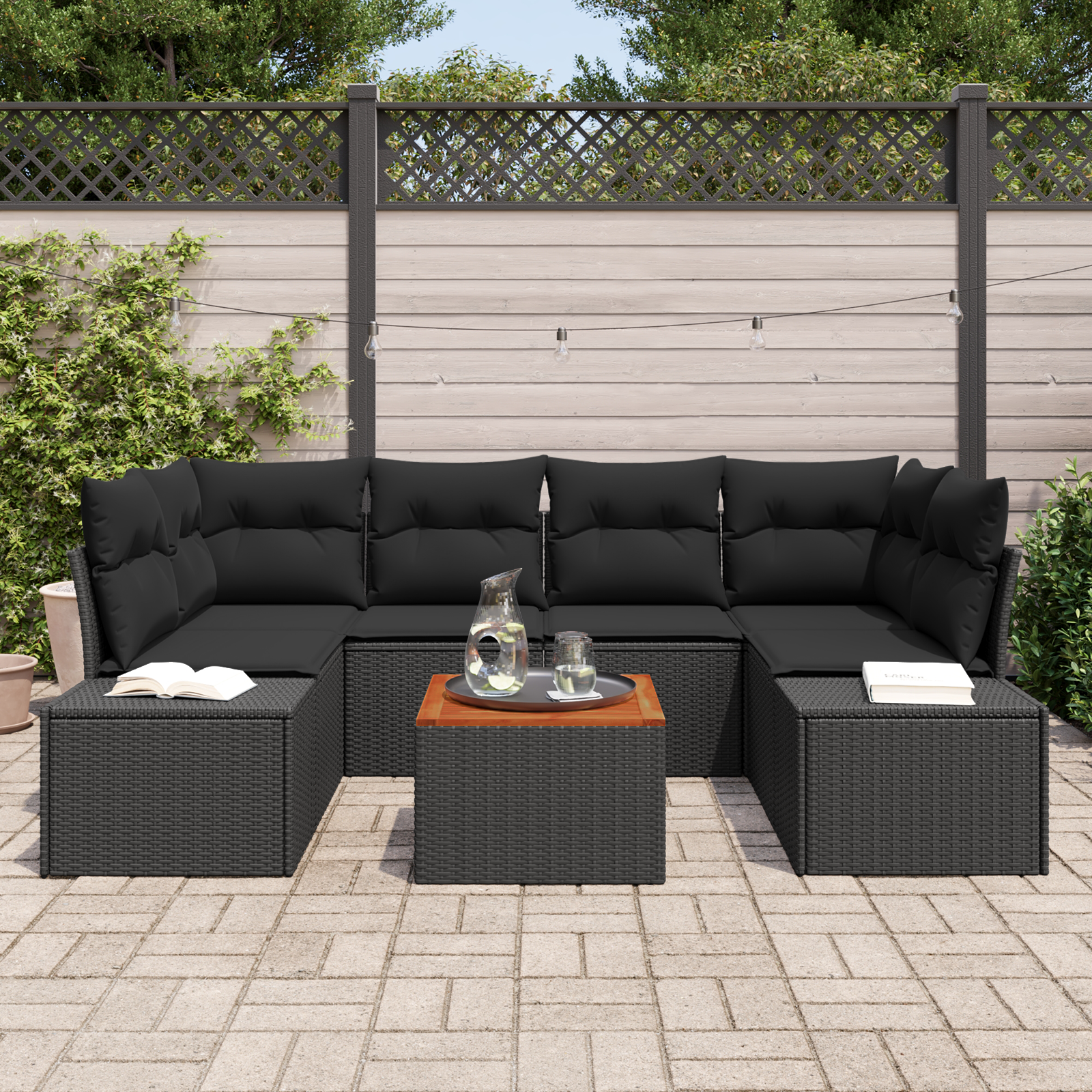 vidaXL 7-delige Tuinbankenset met kussens poly rattan acaciahout zwart
